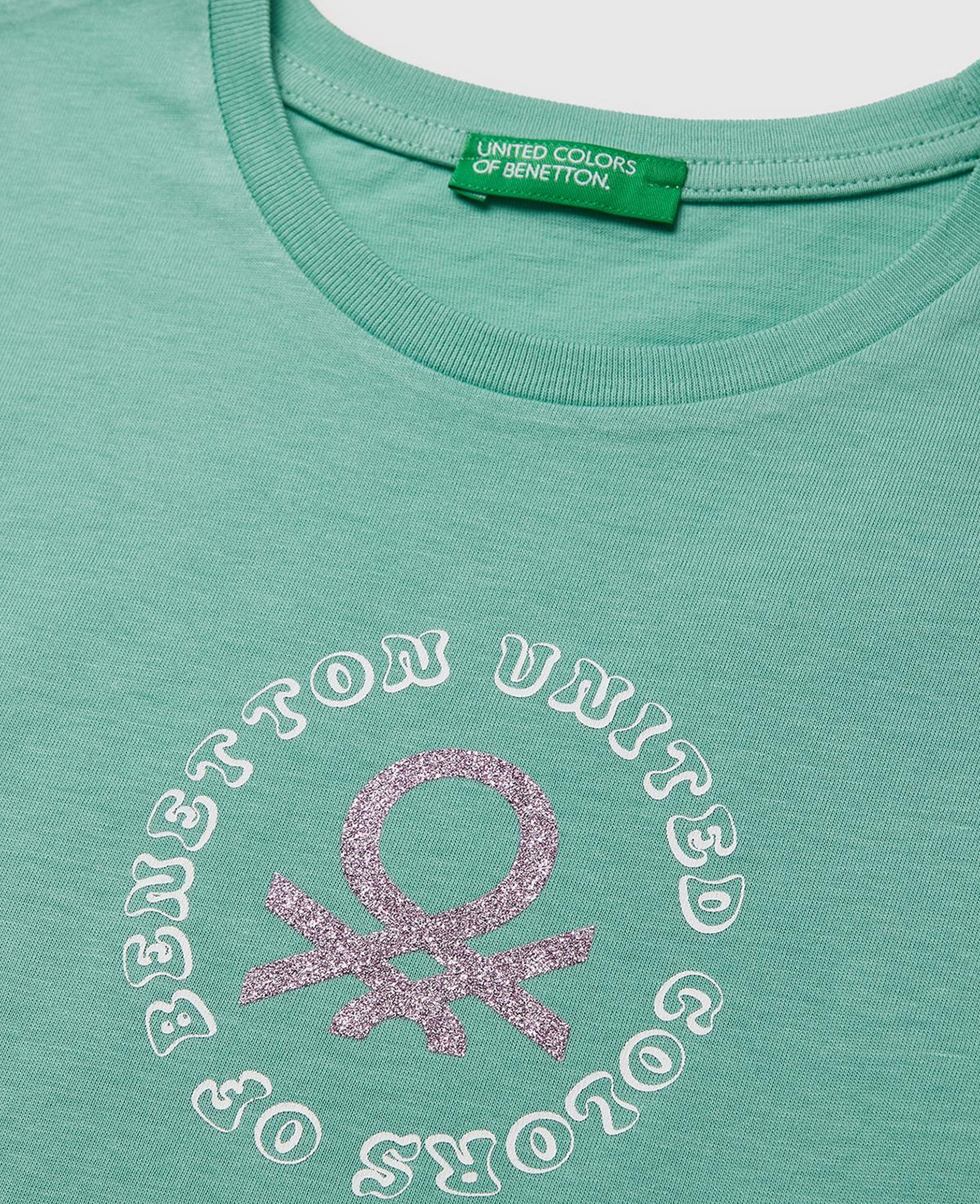 Kız Çocuk Mint Simli Logolu Bisiklet Yaka T-Shirt