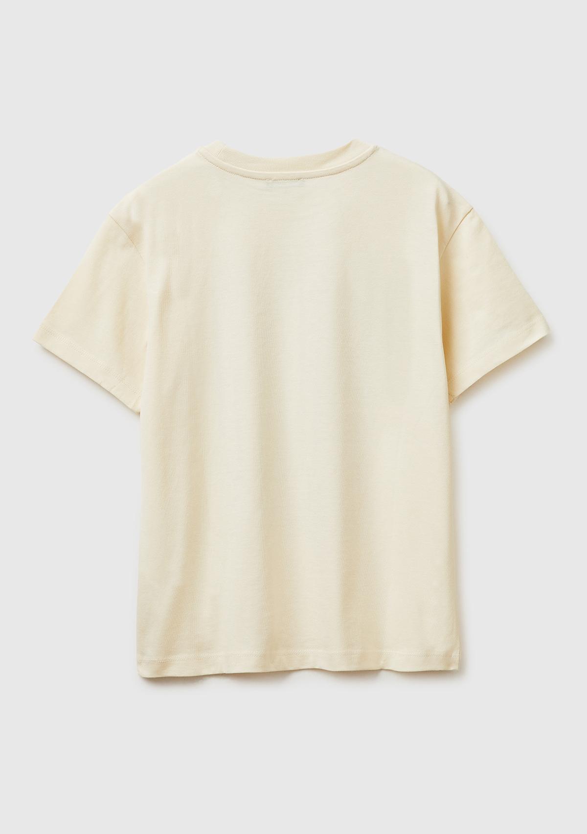 Erkek Çocuk Krem Önü Logo Baskılı Bisiklet Yaka T-Shirt