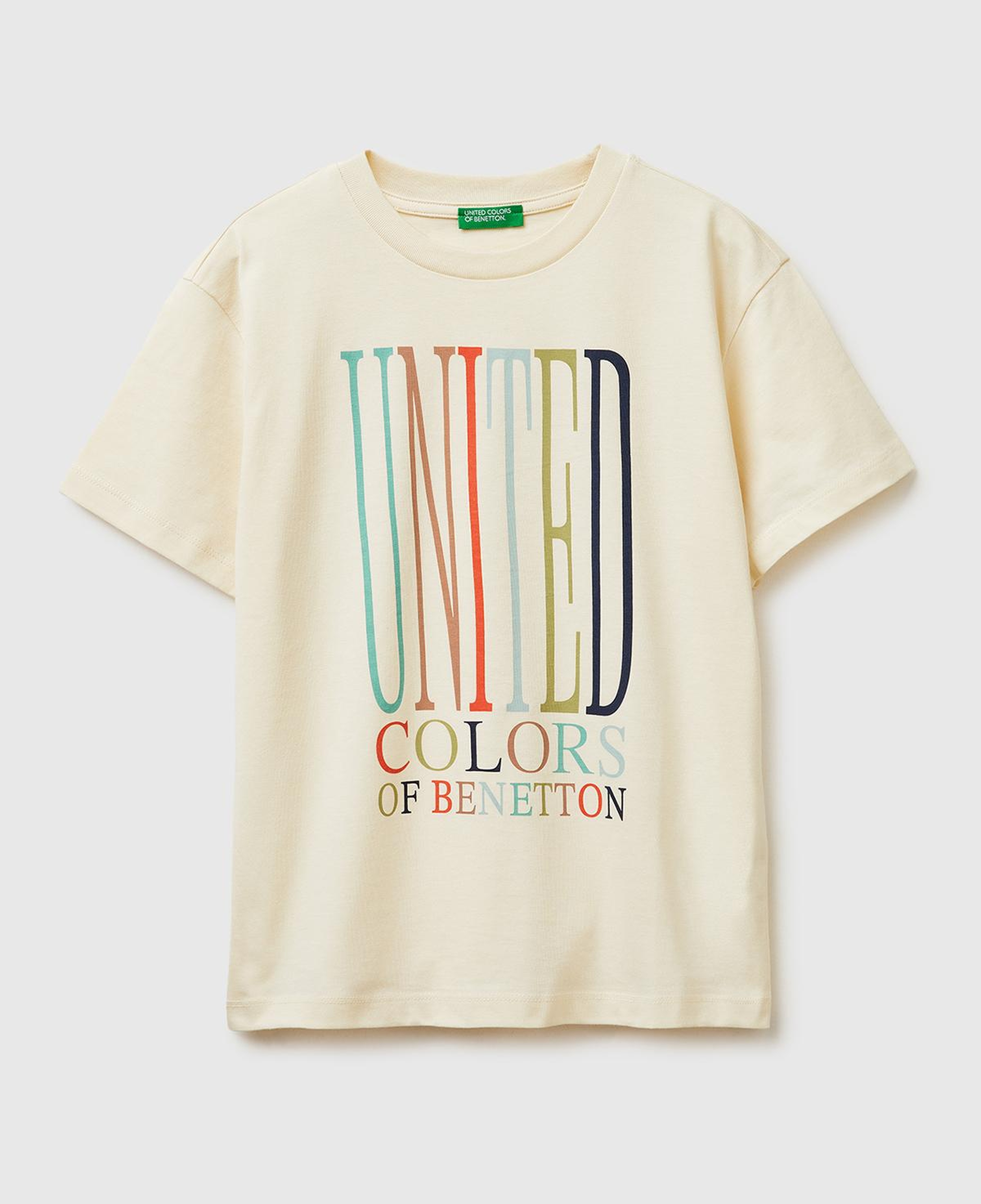 Erkek Çocuk Krem Önü Logo Baskılı Bisiklet Yaka T-Shirt