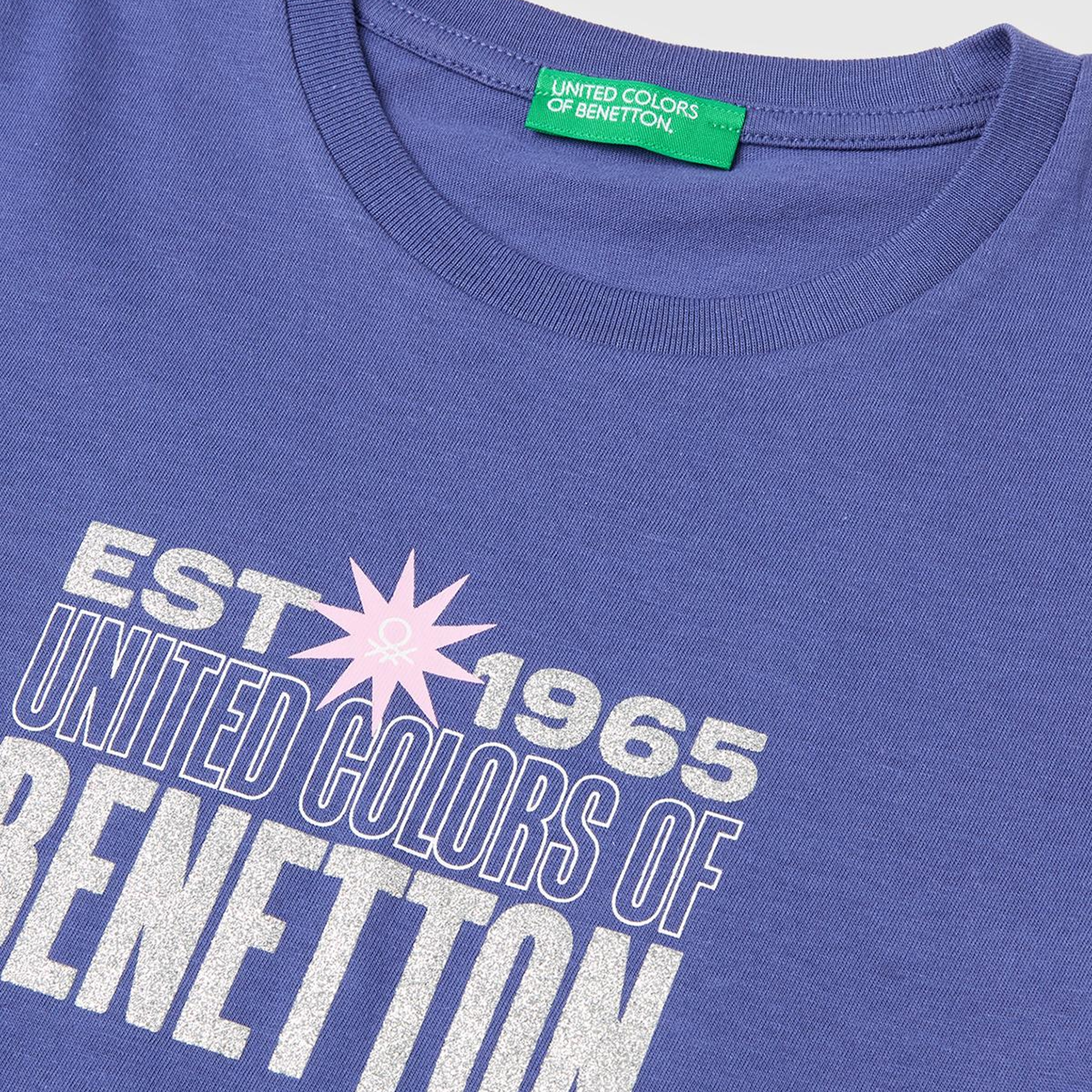 Kız Çocuk Koyu Lacivert Simli Logolu Bisiklet Yaka T-Shirt