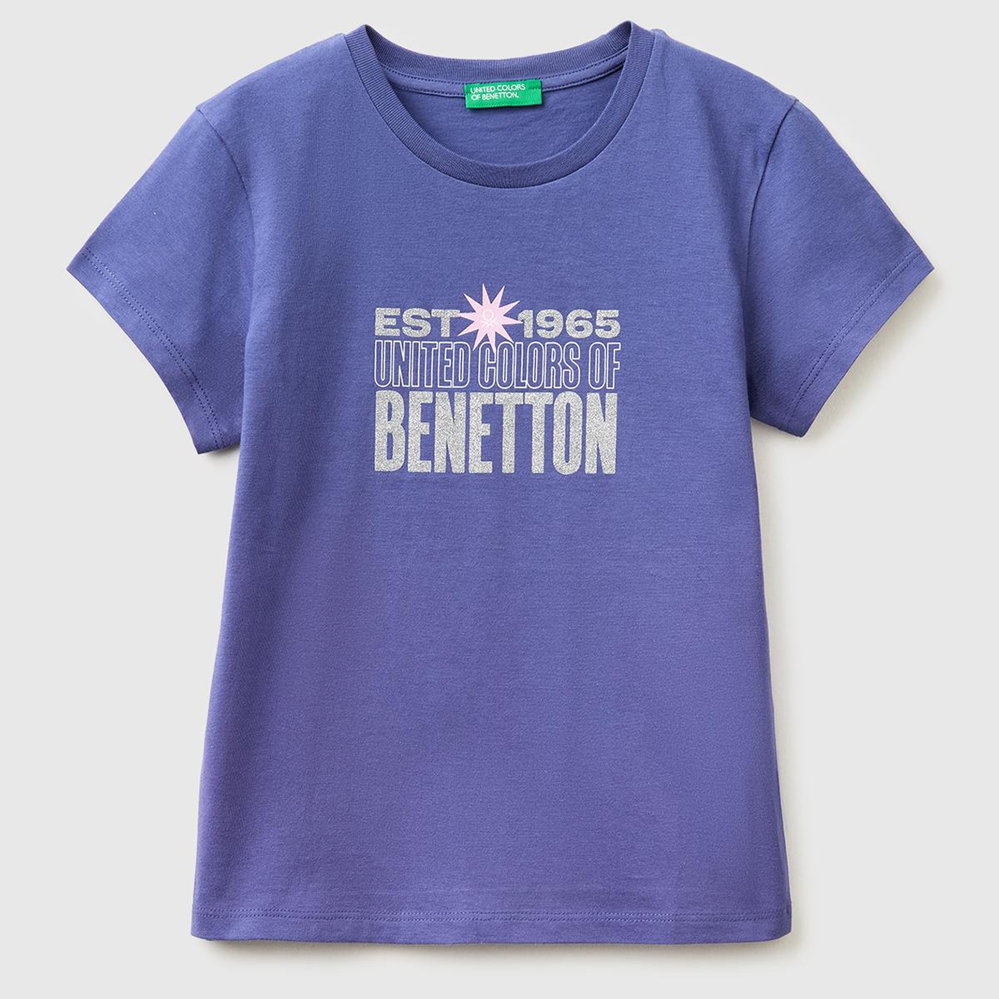 Kız Çocuk Koyu Lacivert Simli Logolu Bisiklet Yaka T-Shirt
