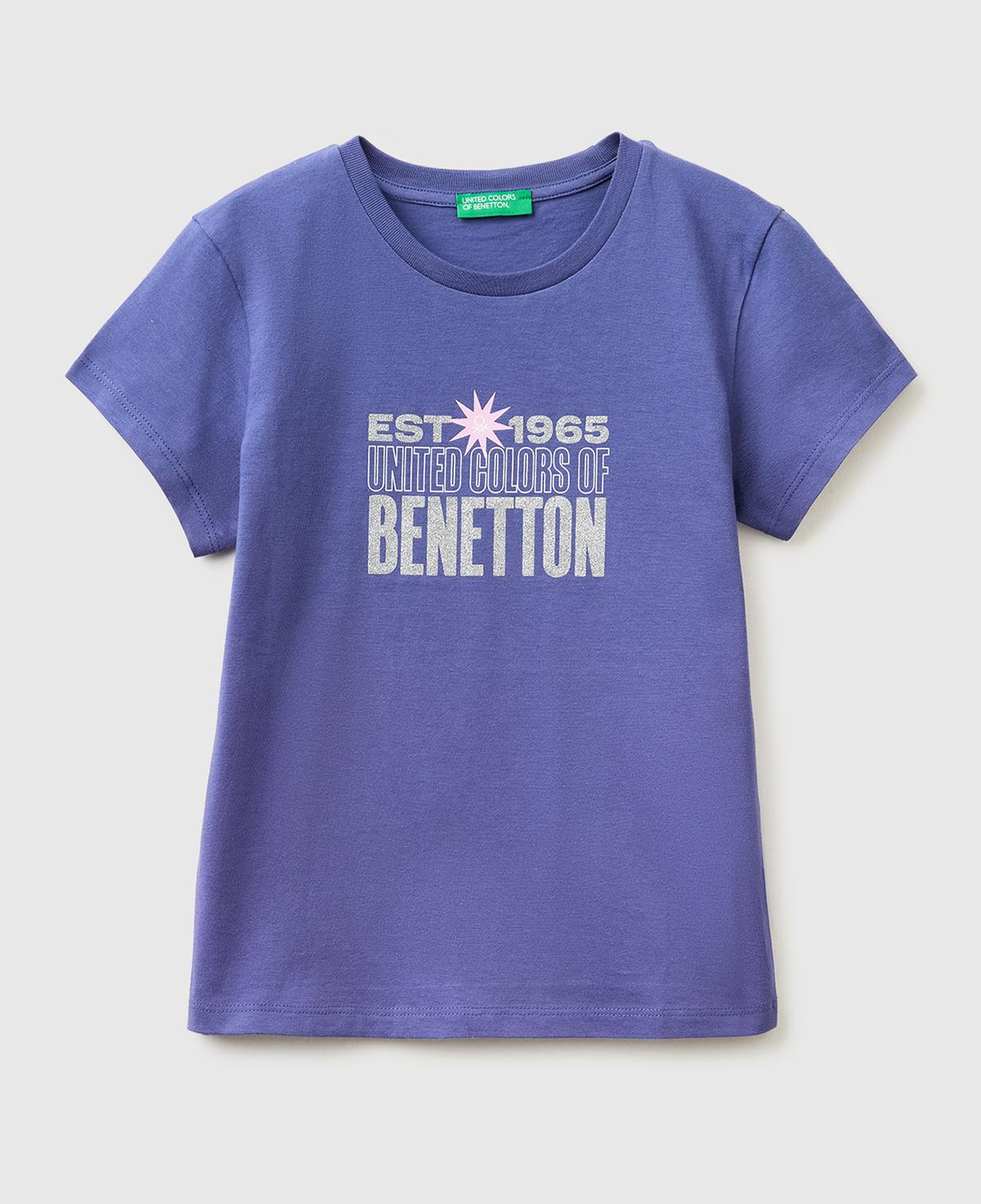 Kız Çocuk Koyu Lacivert Simli Logolu Bisiklet Yaka T-Shirt