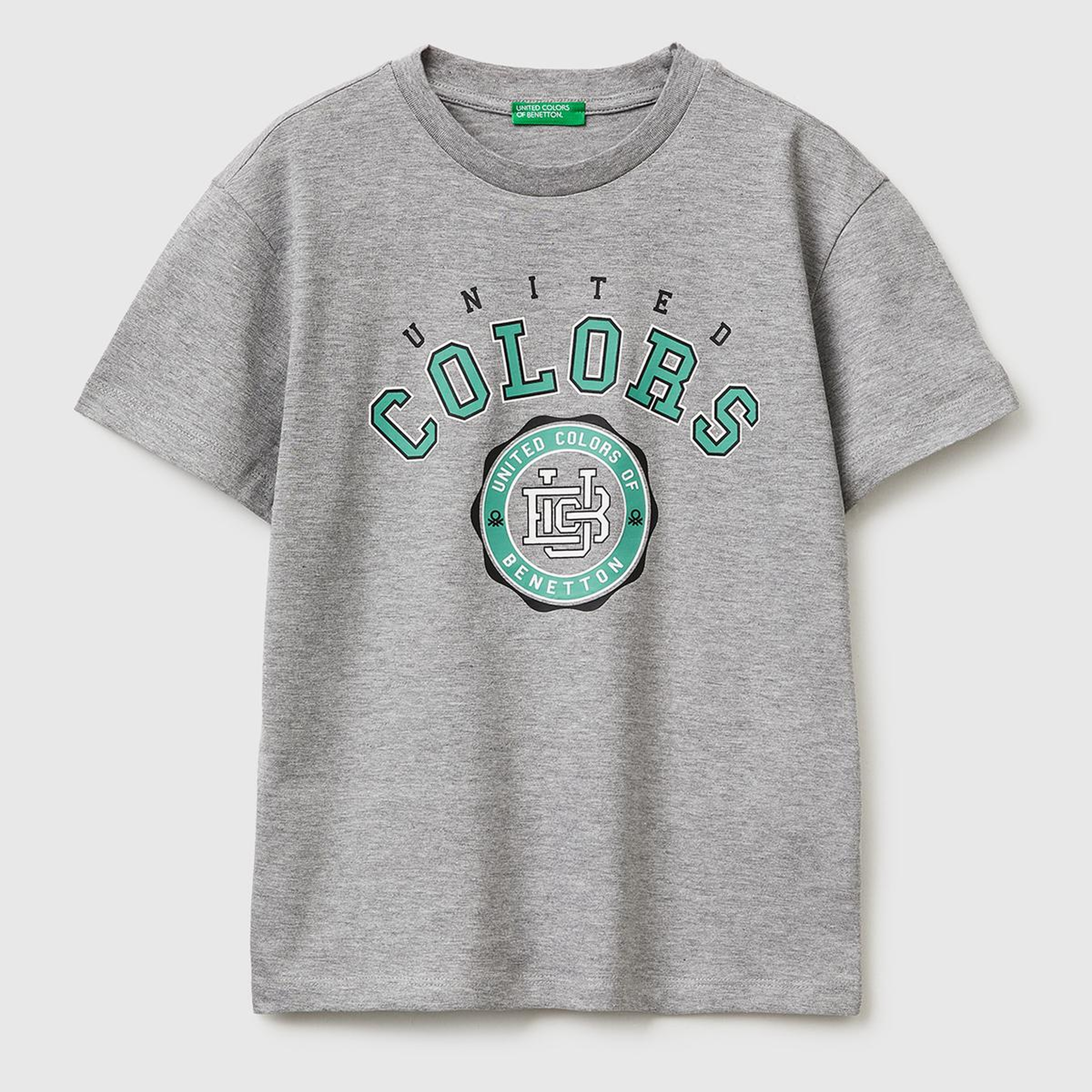 Erkek Çocuk Gri melanj Önü Logo Baskılı Bisiklet Yaka T-Shirt