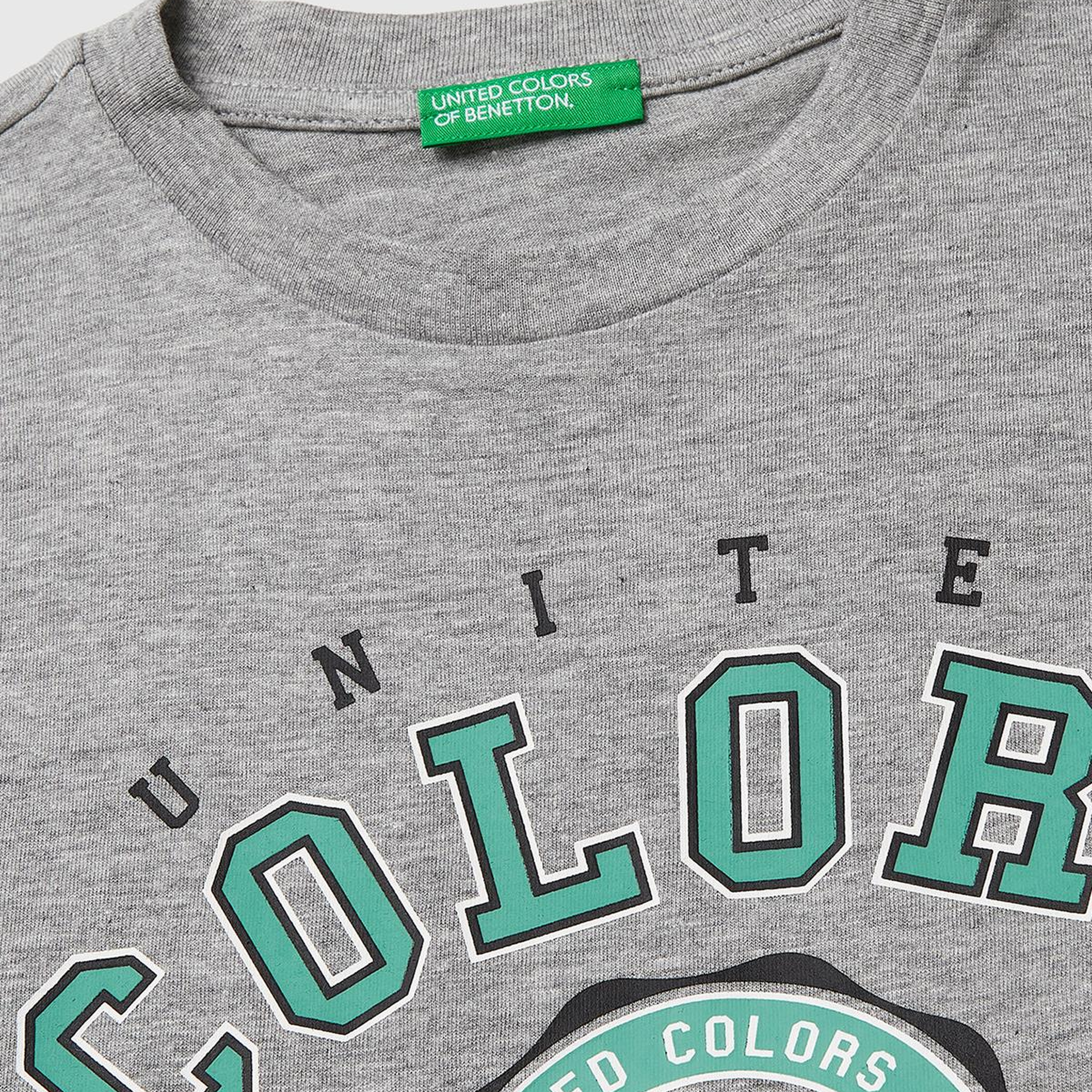 Erkek Çocuk Gri melanj Önü Logo Baskılı Bisiklet Yaka T-Shirt