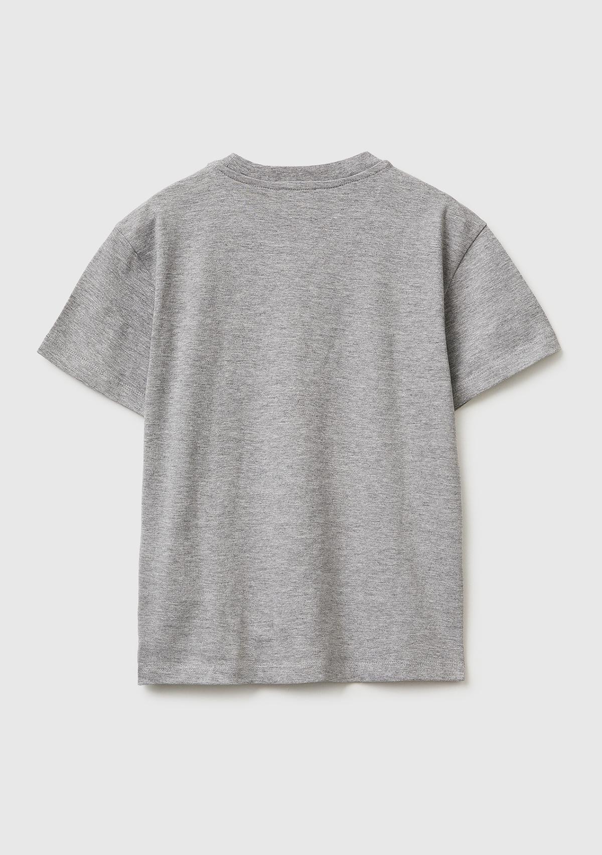 Erkek Çocuk Gri melanj Önü Logo Baskılı Bisiklet Yaka T-Shirt