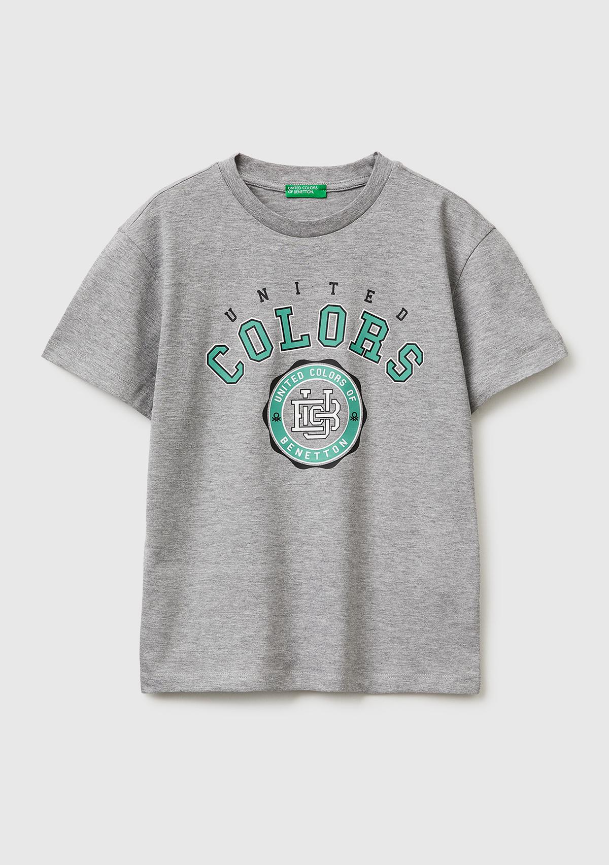 Erkek Çocuk Gri melanj Önü Logo Baskılı Bisiklet Yaka T-Shirt
