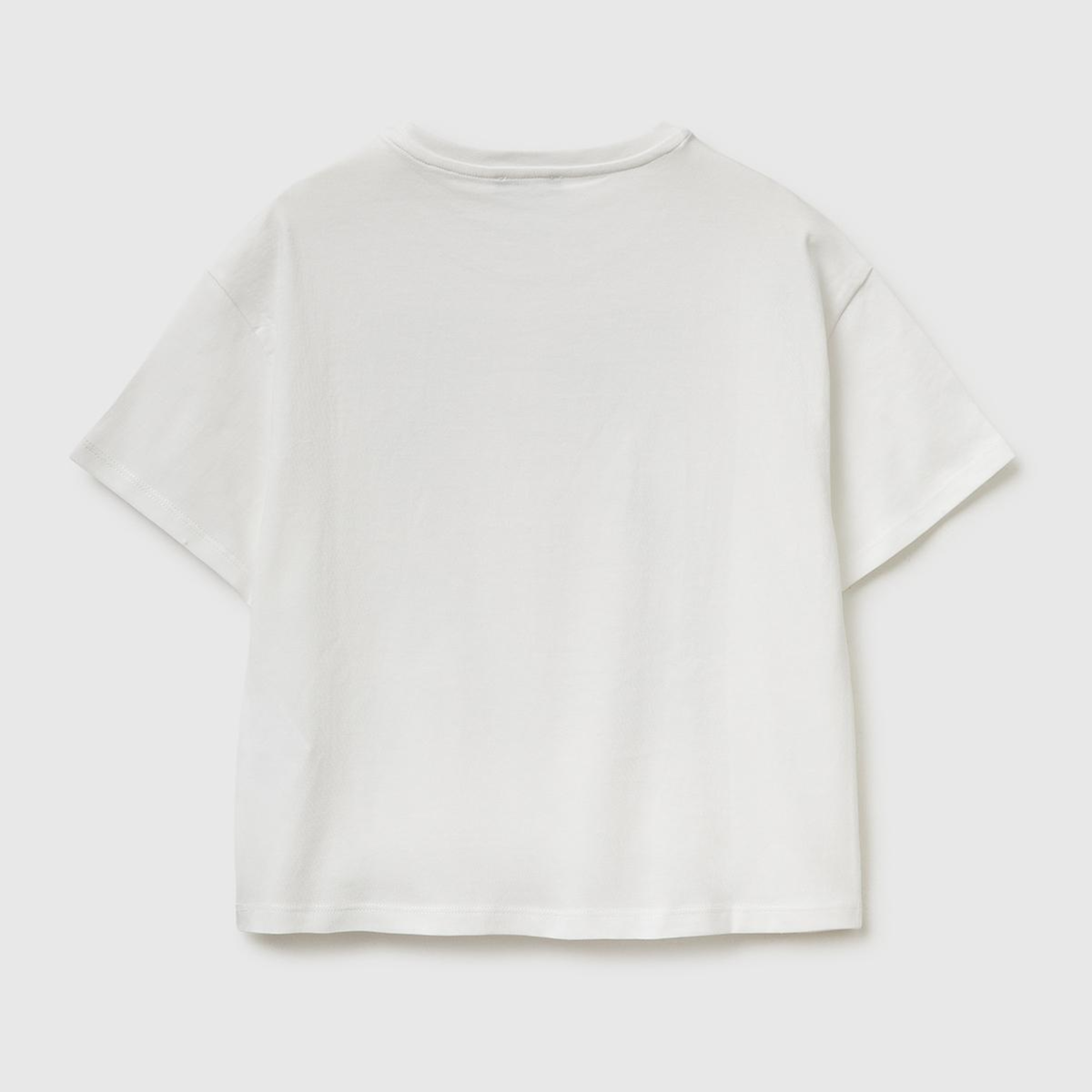 Kız Çocuk Beyaz Simli Grafik Baskılı Yuvarlak Yaka Oversize T-Shirt
