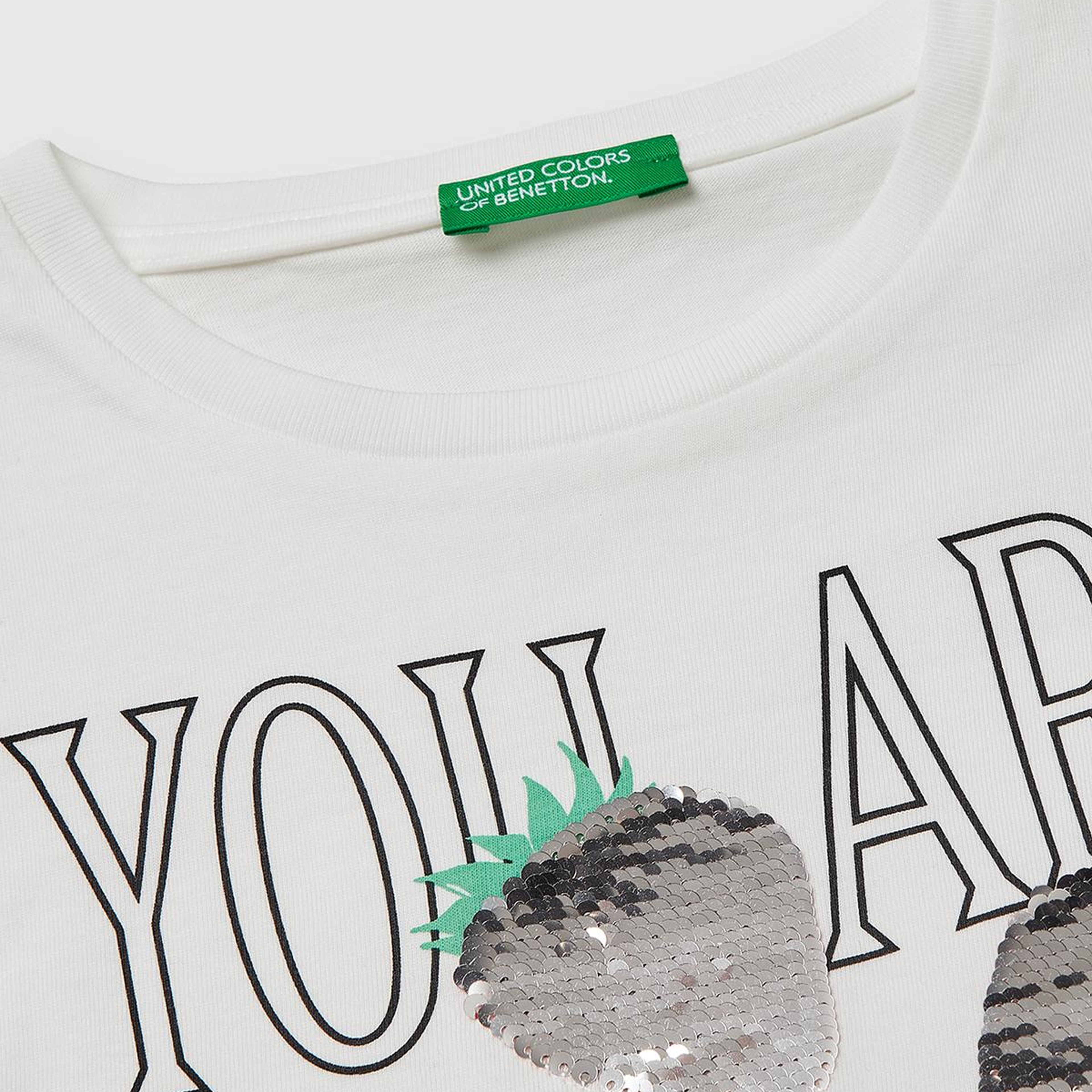 Kız Çocuk Beyaz Simli Grafik Baskılı Yuvarlak Yaka Oversize T-Shirt
