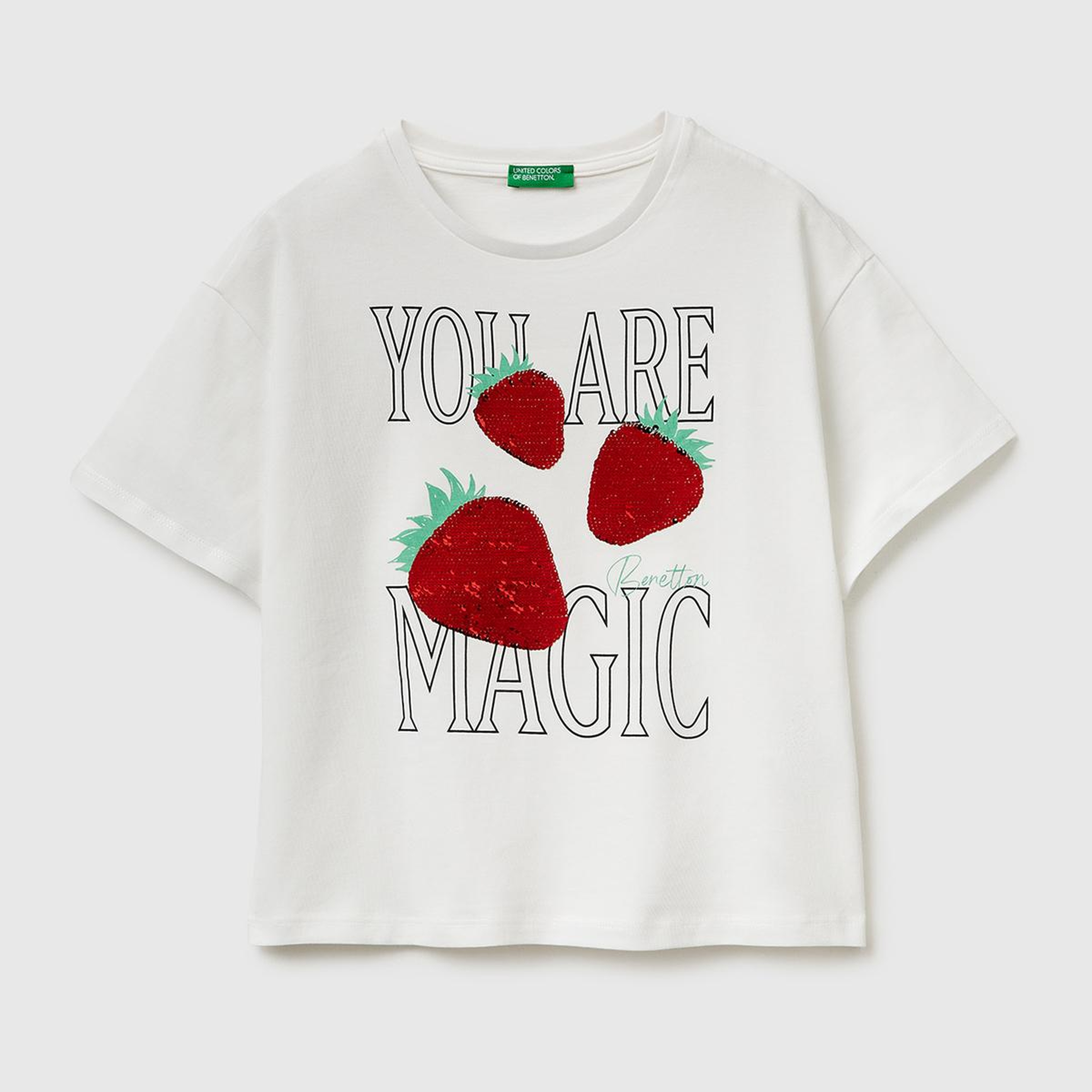 Kız Çocuk Beyaz Simli Grafik Baskılı Yuvarlak Yaka Oversize T-Shirt