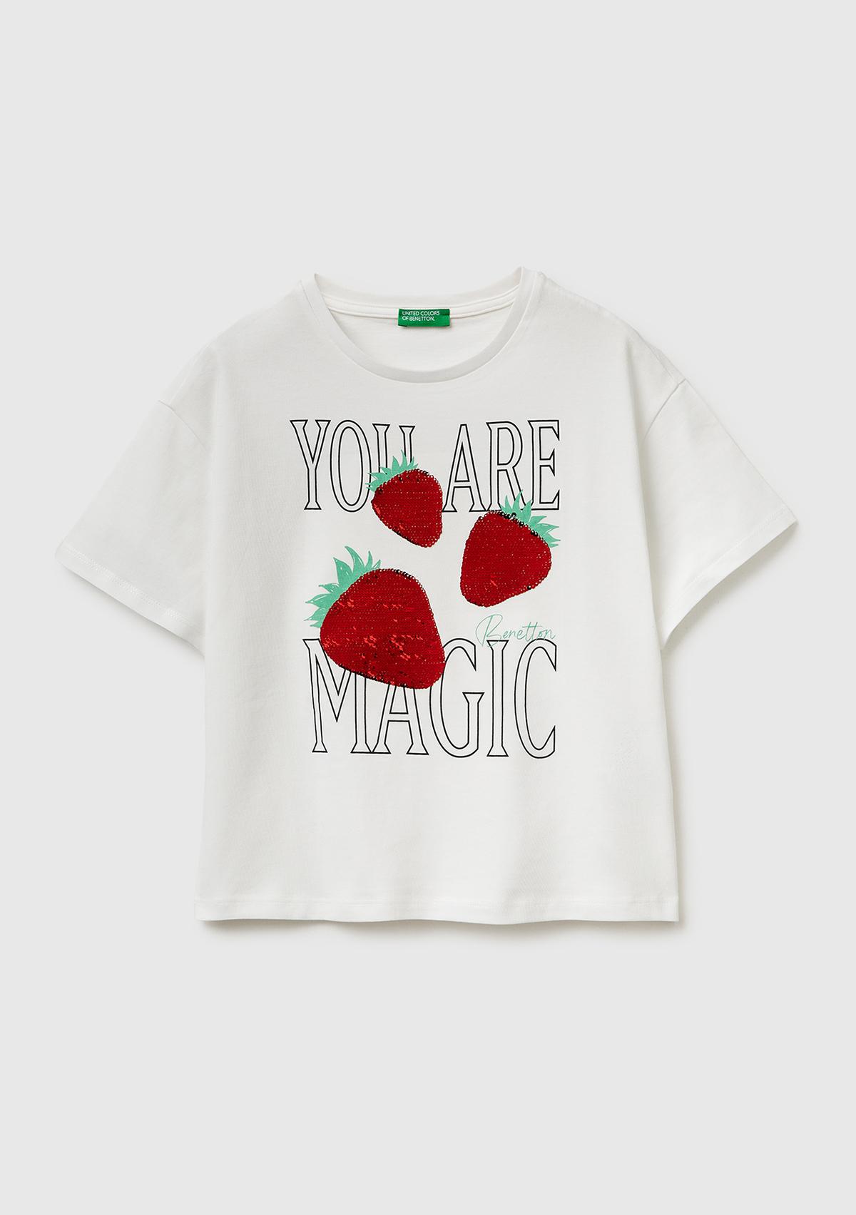 Kız Çocuk Beyaz Simli Grafik Baskılı Yuvarlak Yaka Oversize T-Shirt