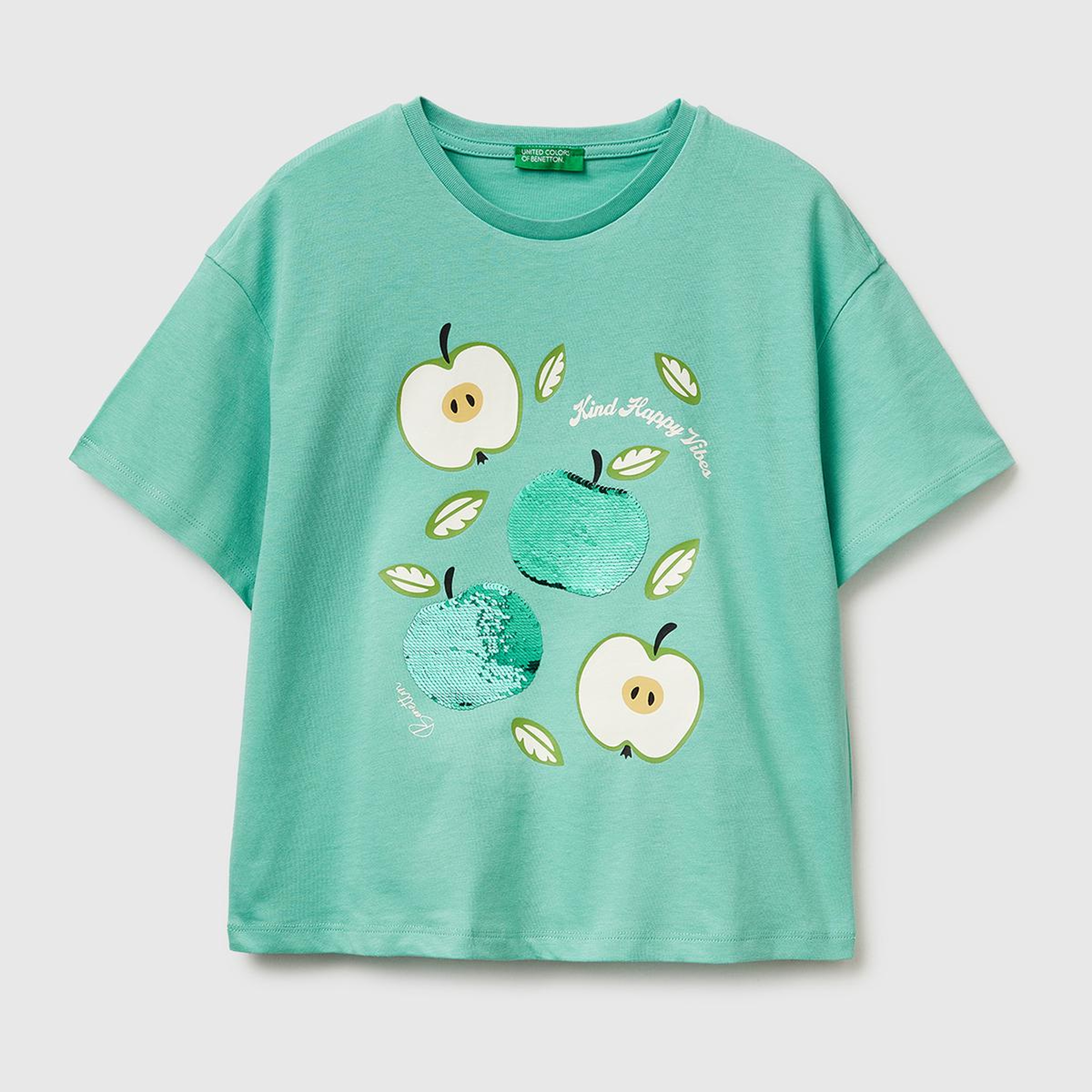 Kız Çocuk Mint Simli Grafik Baskılı Yuvarlak Yaka Oversize T-Shirt