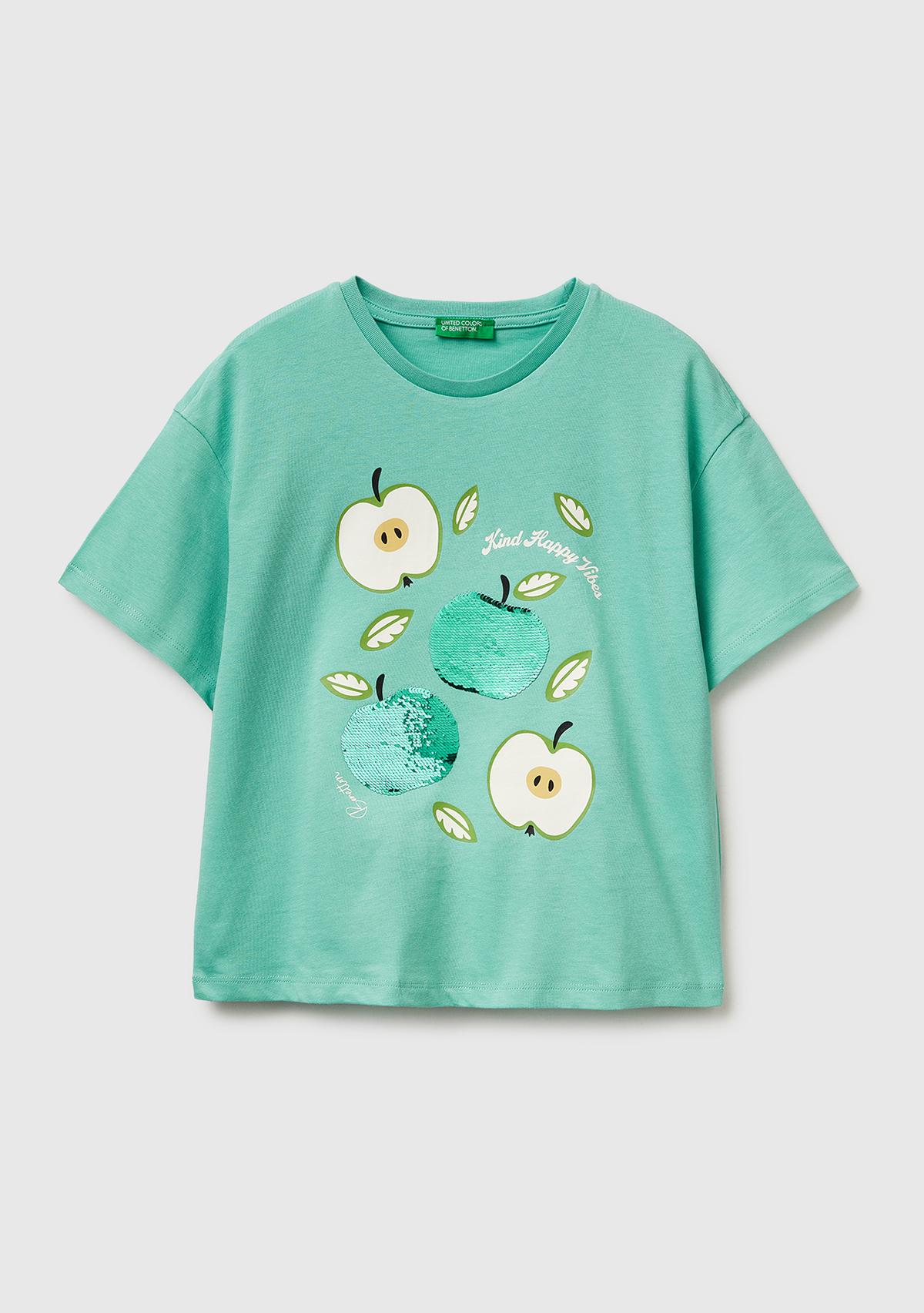 Kız Çocuk Mint Simli Grafik Baskılı Yuvarlak Yaka Oversize T-Shirt