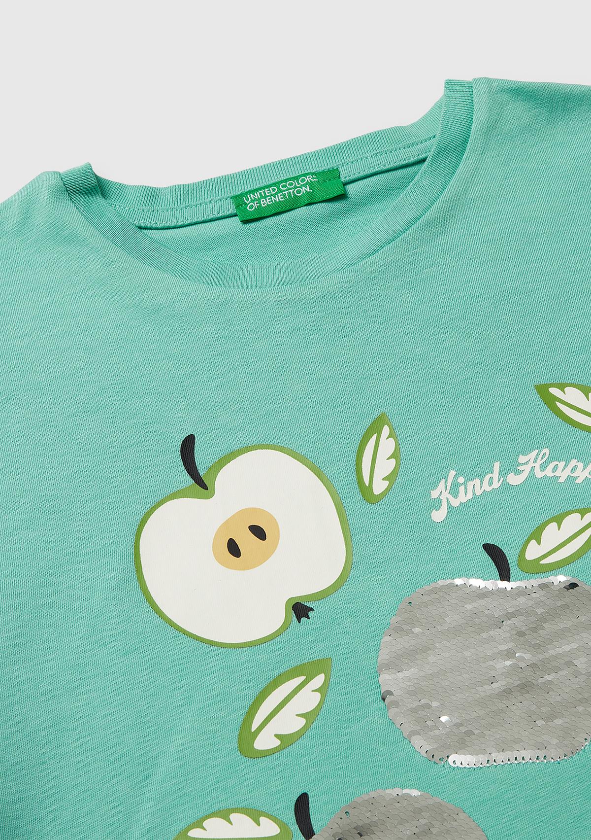 Kız Çocuk Mint Simli Grafik Baskılı Yuvarlak Yaka Oversize T-Shirt