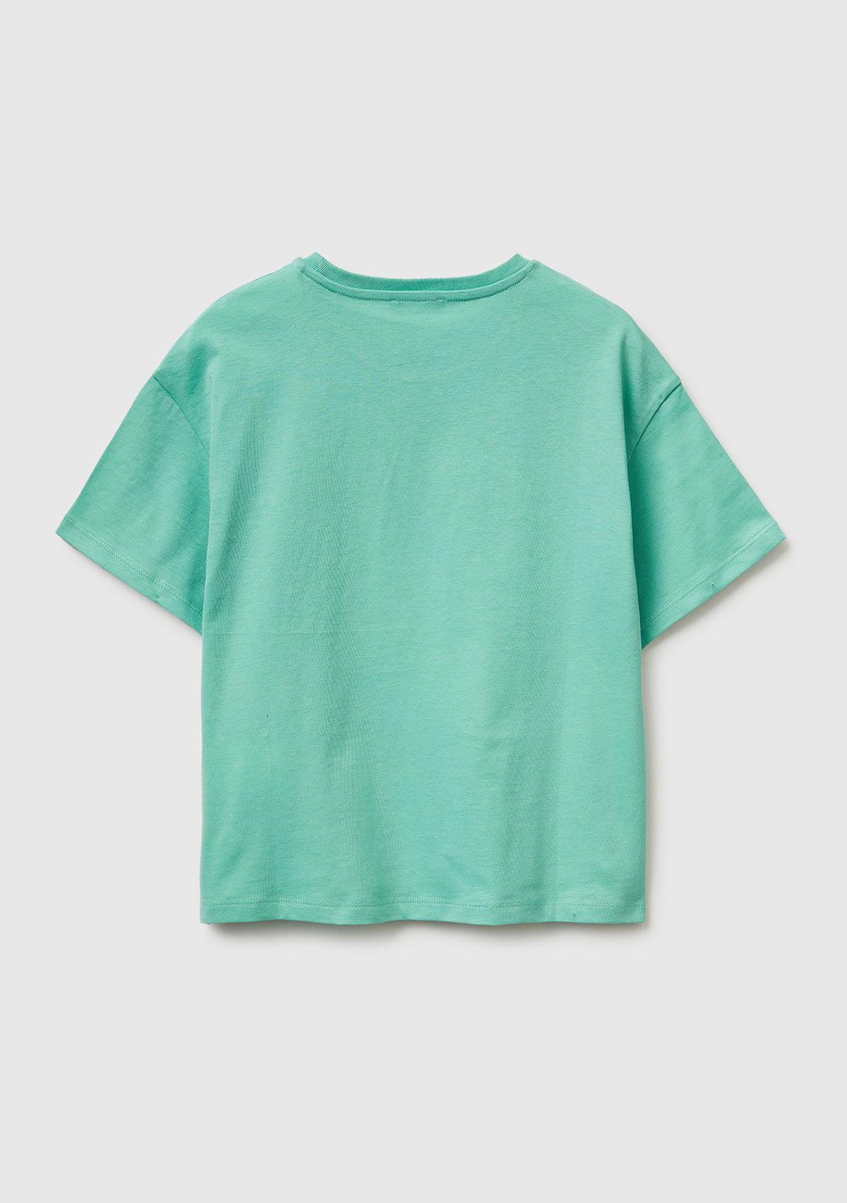 Kız Çocuk Mint Simli Grafik Baskılı Yuvarlak Yaka Oversize T-Shirt