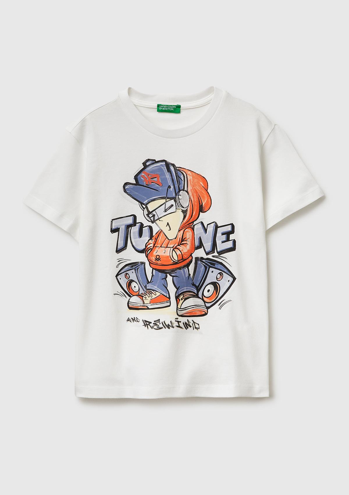 Erkek Çocuk Beyaz Tema Baskılı Rahat Kalıp Bisiklet Yaka T-Shirt