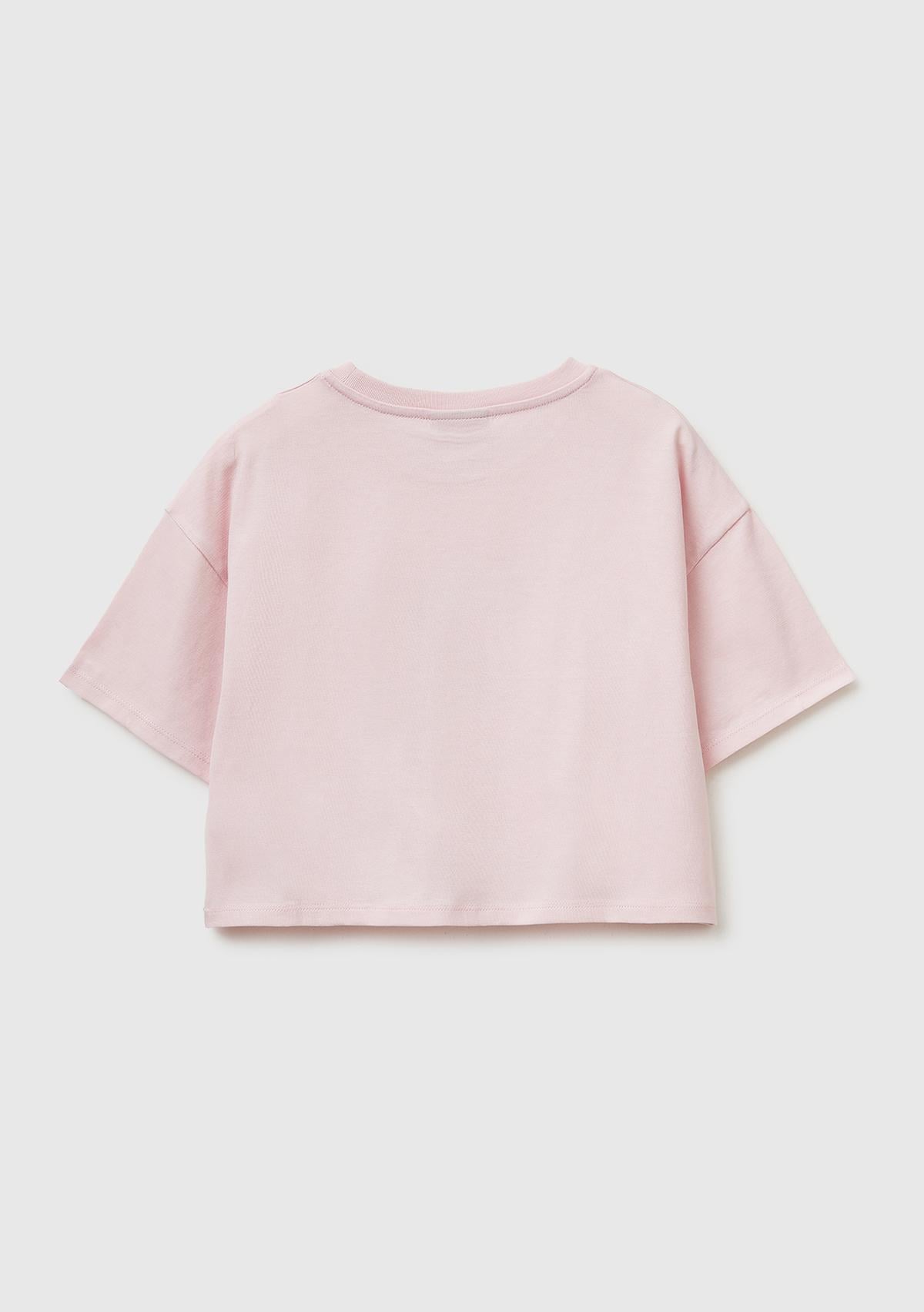 Kız Çocuk Toz Pembe Su Bazlı Baskılı İşlemeli Kolu Logo Detaylı Boxy Fit T-Shirt