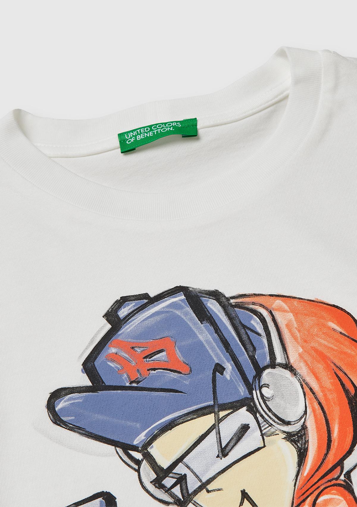 Erkek Çocuk Beyaz Tema Baskılı Rahat Kalıp Bisiklet Yaka T-Shirt
