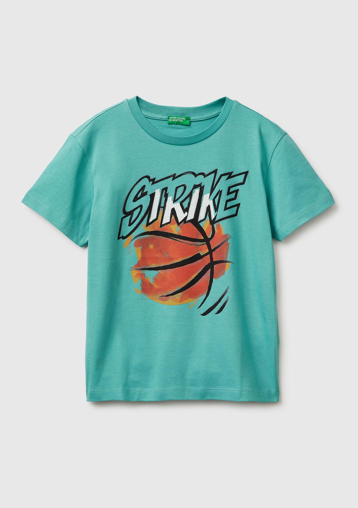 Erkek Çocuk Mavi-yeşil Tema Baskılı Rahat Kalıp Bisiklet Yaka T-Shirt