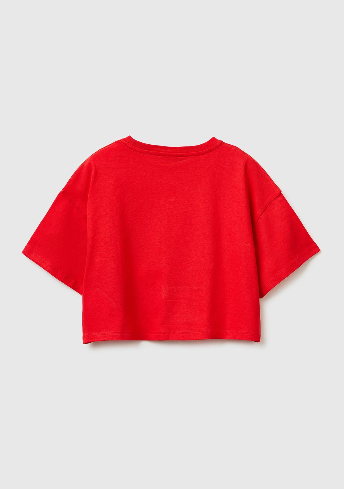 Kız Çocuk Kırmızı Su Bazlı Baskılı İşlemeli Kolu Logo Detaylı Boxy Fit T-Shirt