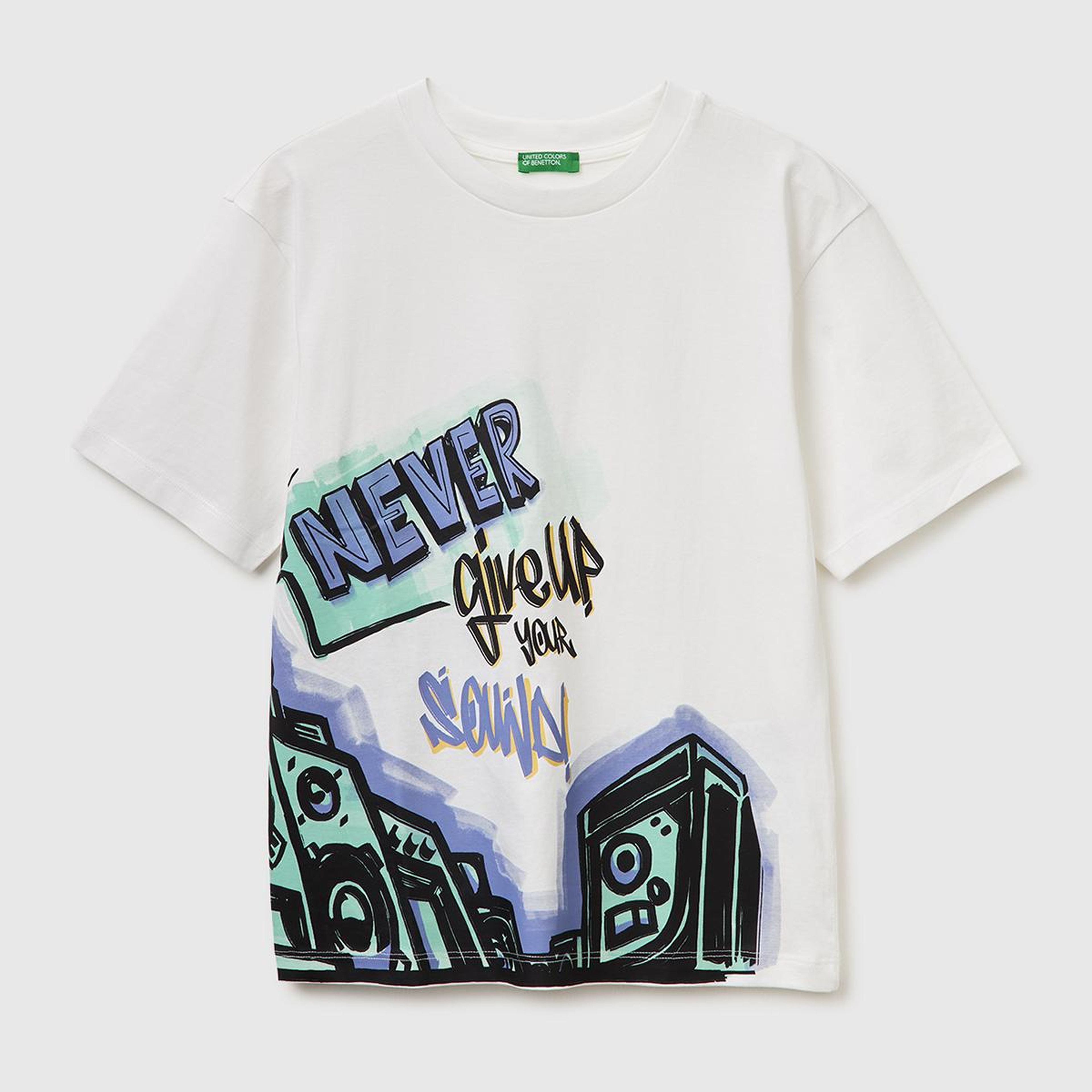 Erkek Çocuk Beyaz Baskılı Bisiklet Yaka Kısa Kollu T-Shirt