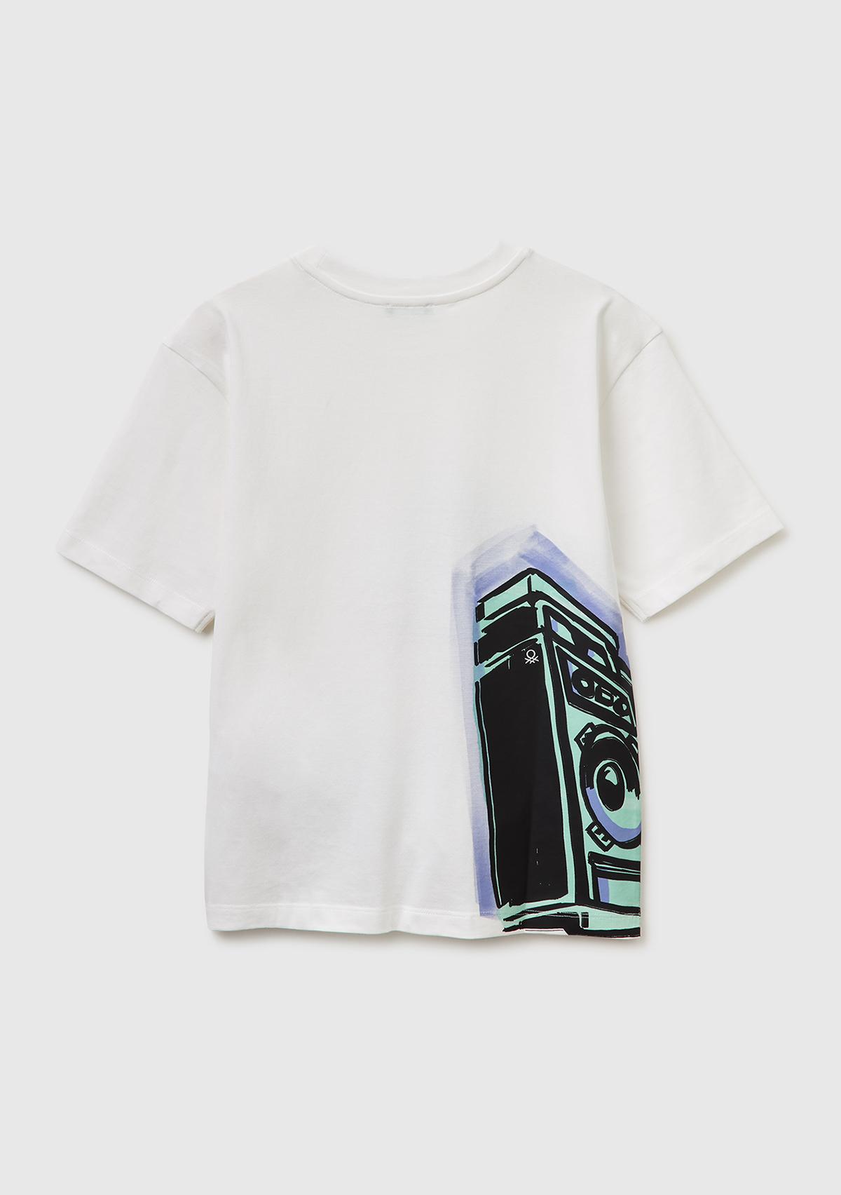Erkek Çocuk Beyaz Baskılı Bisiklet Yaka Kısa Kollu T-Shirt