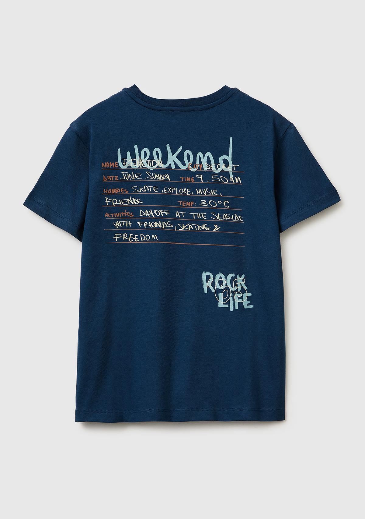 Erkek Çocuk Koyu Lacivert Tema Baskılı Rahat Kalıp Bisiklet Yaka T-Shirt