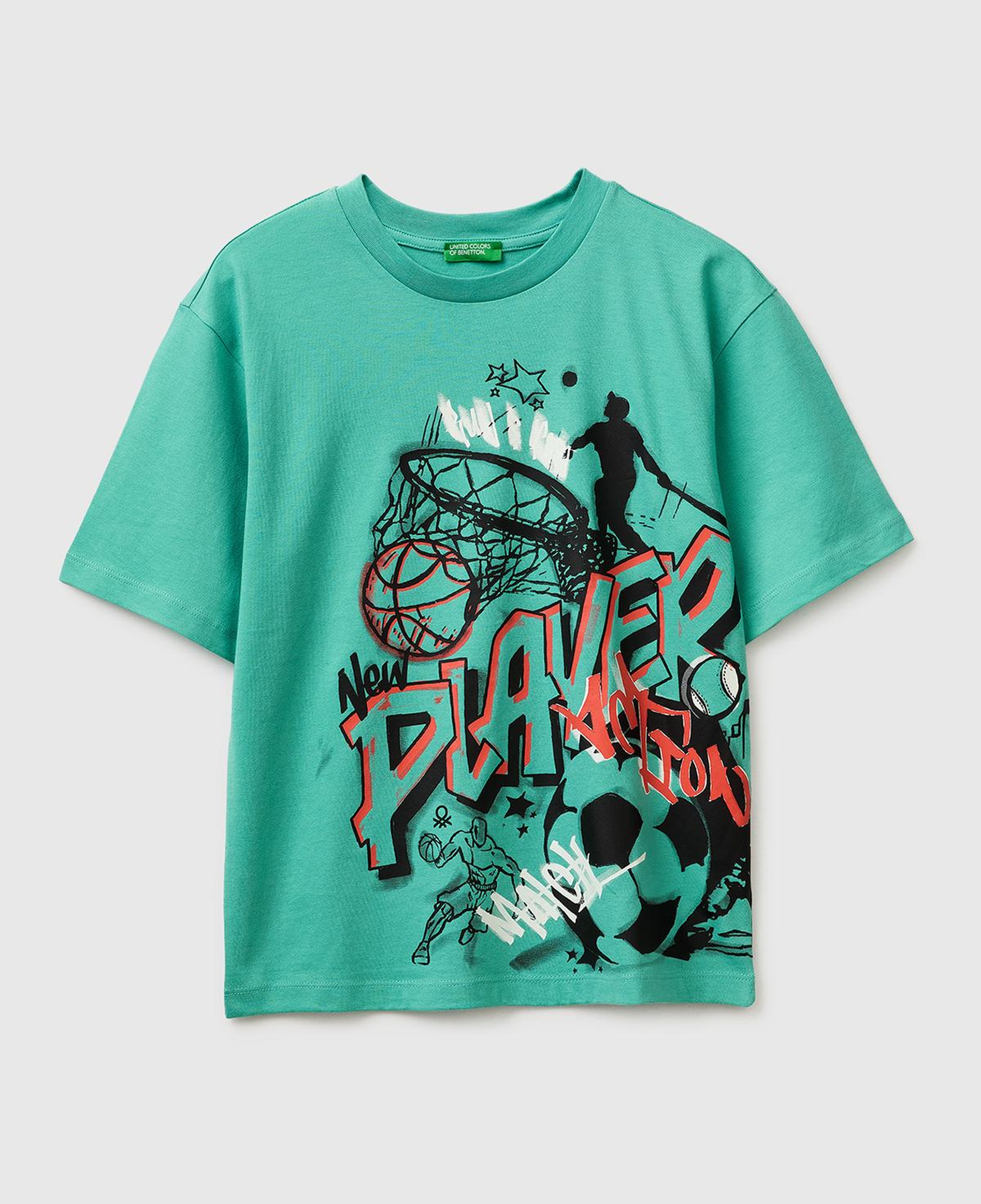 Erkek Çocuk Mavi-yeşil Baskılı Bisiklet Yaka Kısa Kollu T-Shirt
