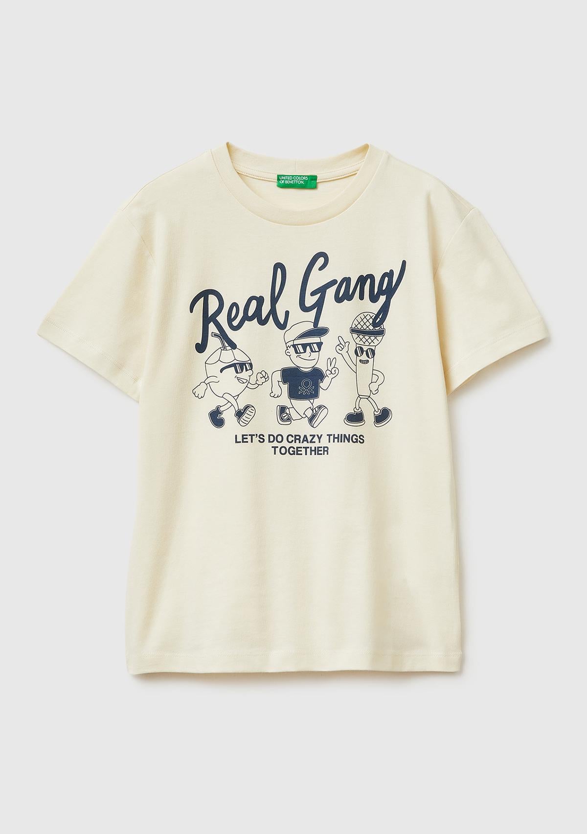 Erkek Çocuk Krem Tema Baskılı Rahat Kalıp Bisiklet Yaka T-Shirt