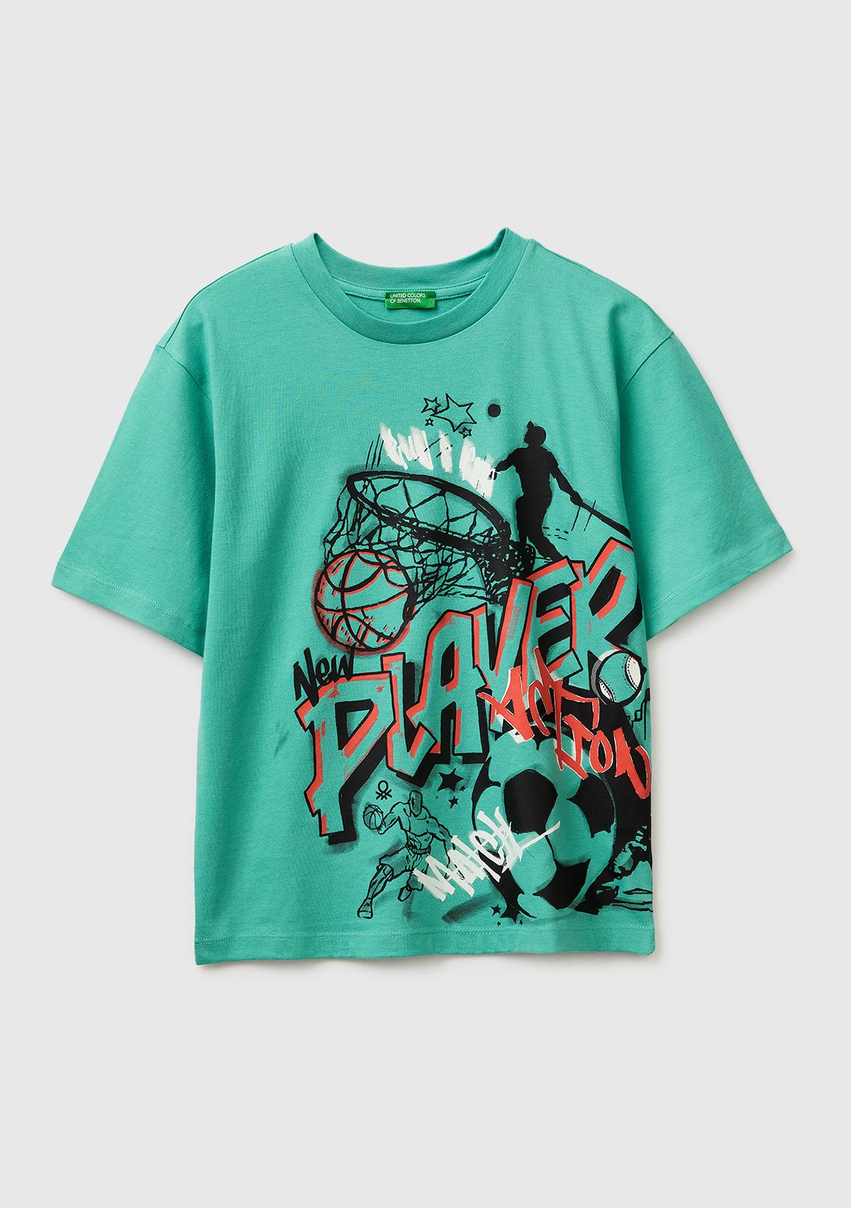 Erkek Çocuk Mavi-yeşil Baskılı Bisiklet Yaka Kısa Kollu T-Shirt