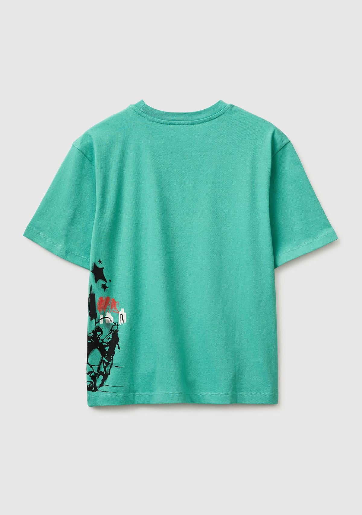 Erkek Çocuk Mavi-yeşil Baskılı Bisiklet Yaka Kısa Kollu T-Shirt