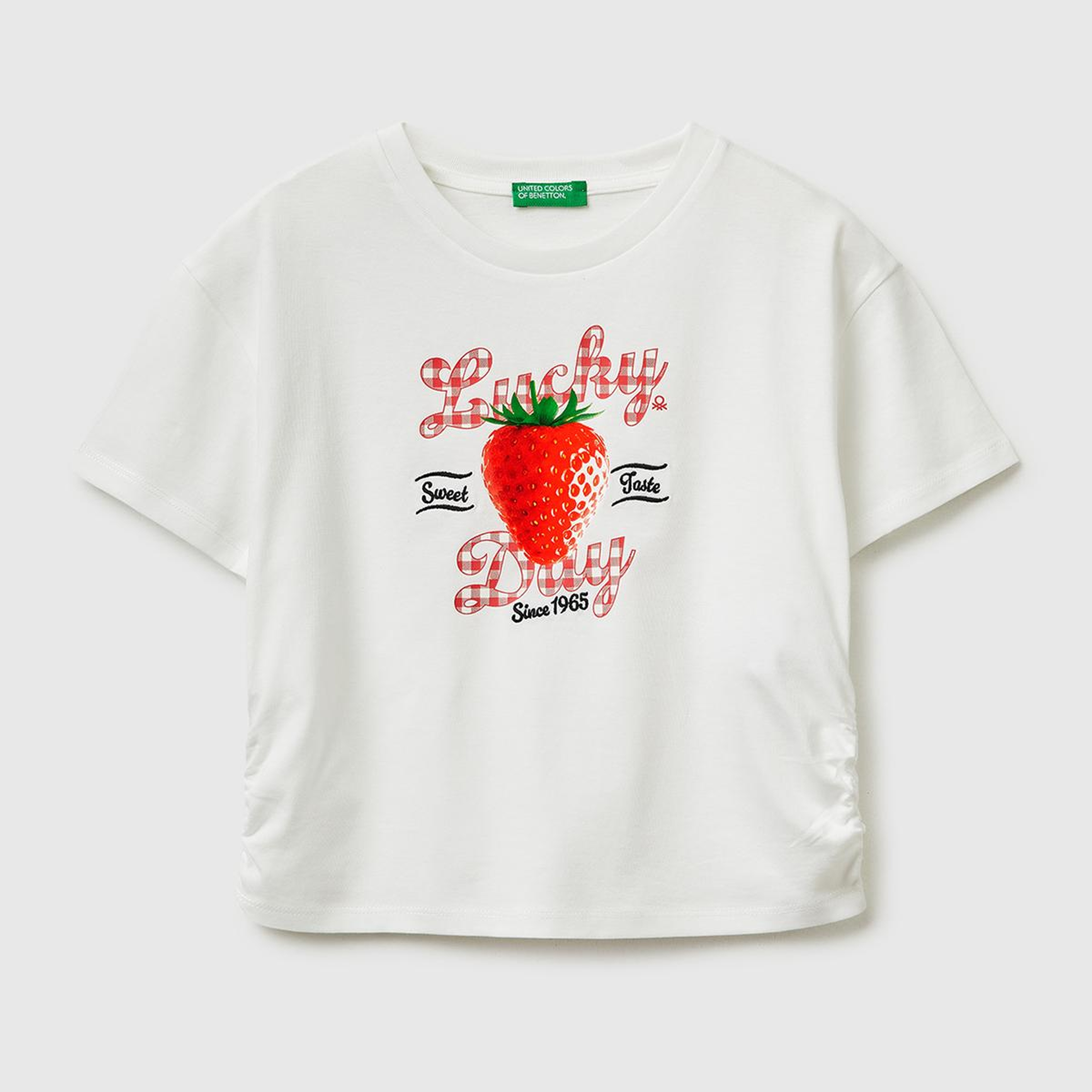 Kız Çocuk Beyaz Yanları Büzgülü Detaylı Önü Baskılı ve İşlemeli T-Shirt