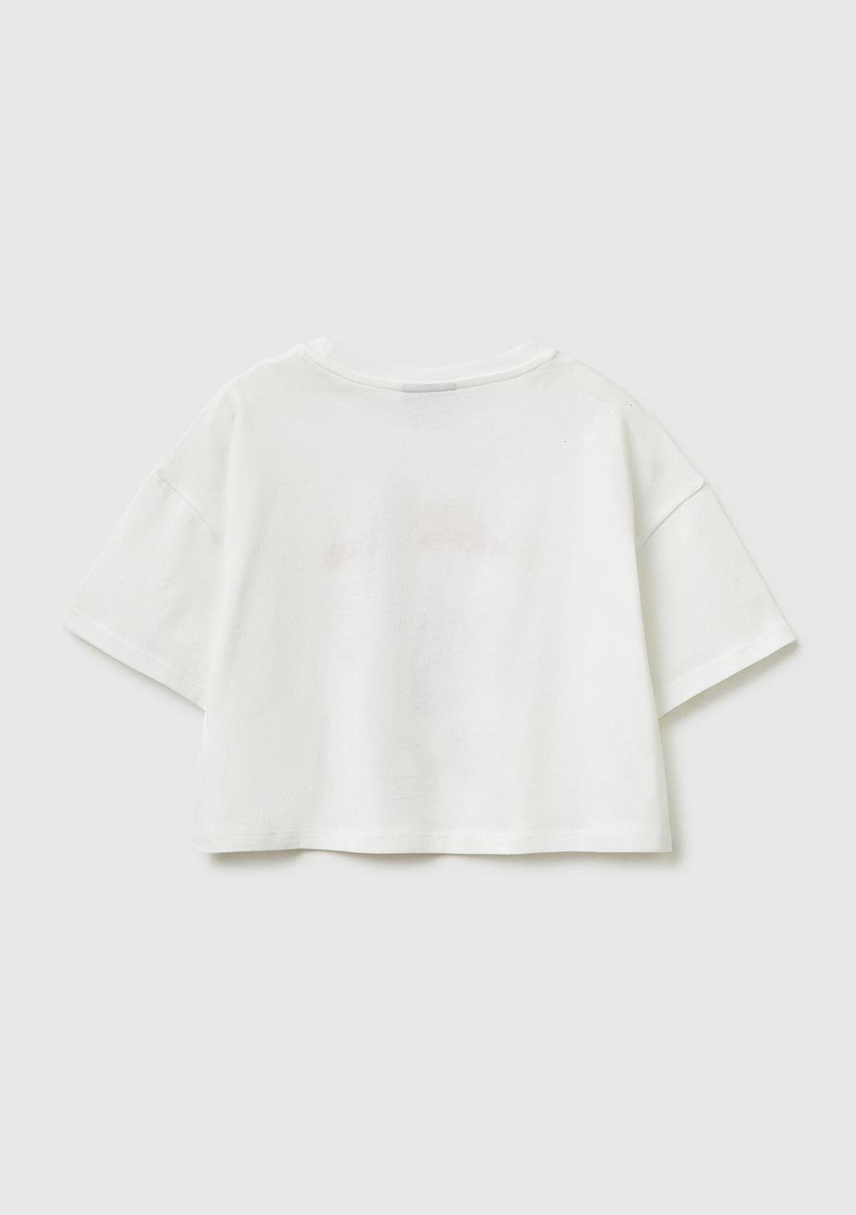 Kız Çocuk Beyaz Su Bazlı Baskılı İşlemeli Kolu Logo Detaylı Boxy Fit T-Shirt