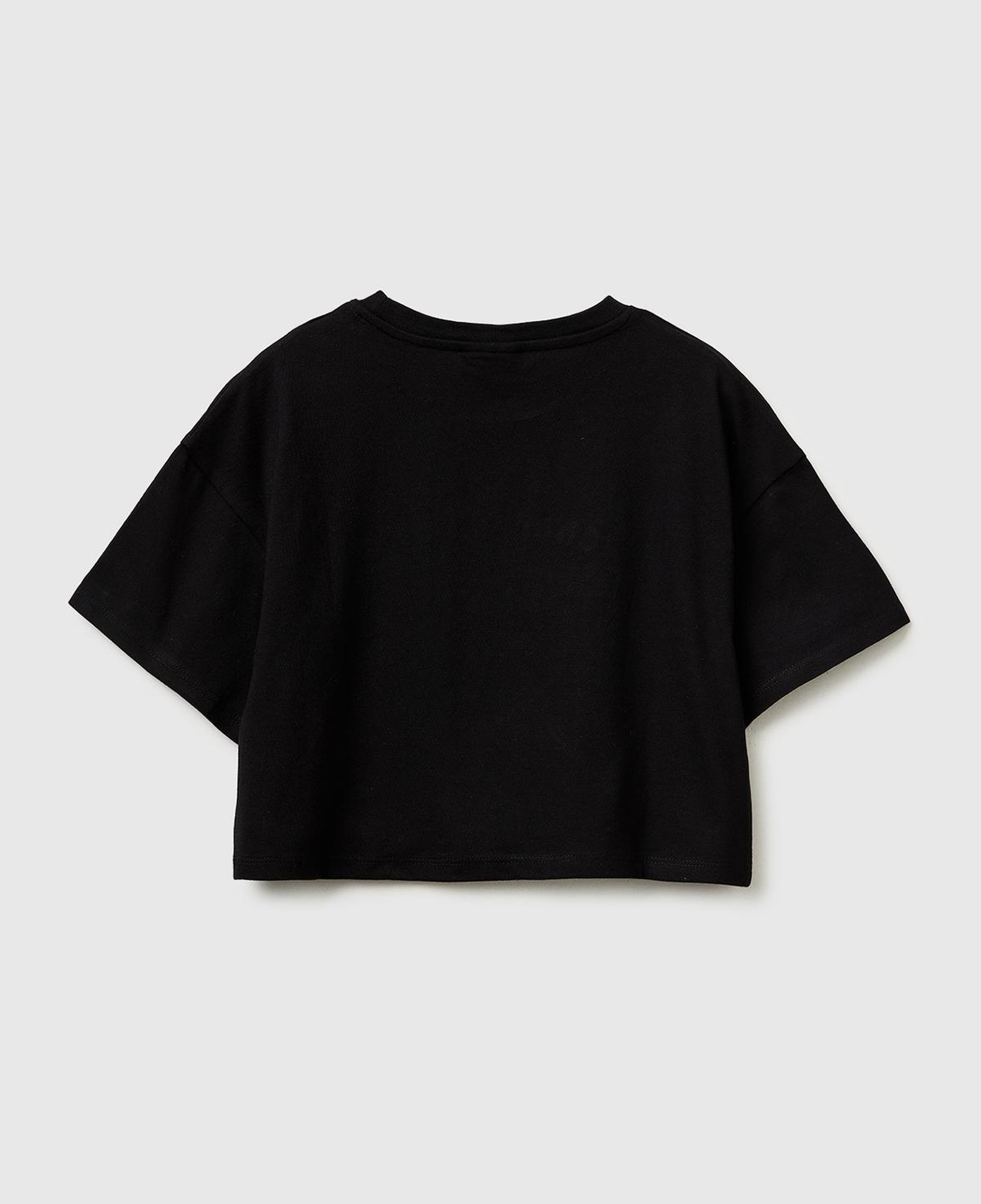 Kız Çocuk Siyah Su Bazlı Baskılı İşlemeli Kolu Logo Detaylı Boxy Fit T-Shirt