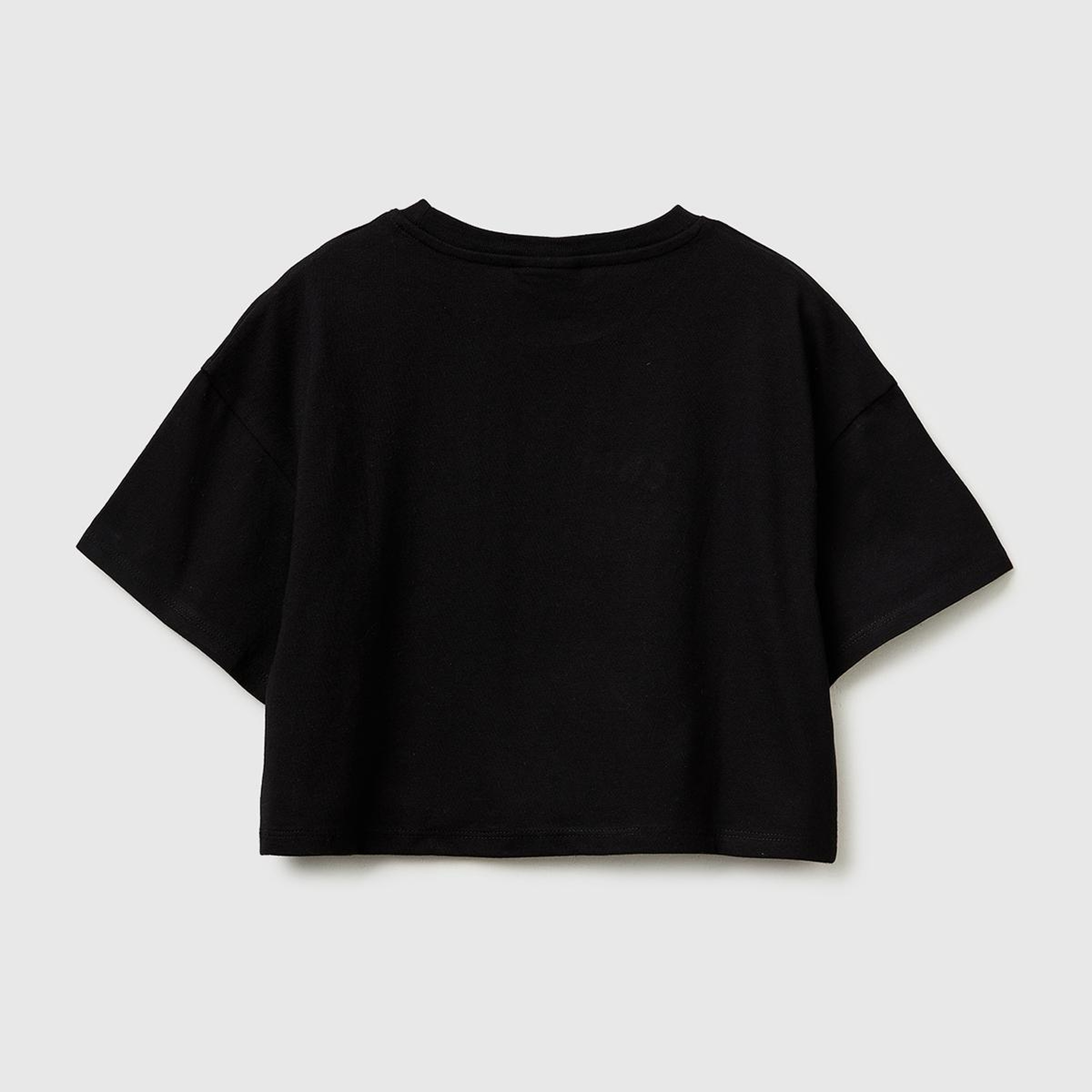 Kız Çocuk Siyah Su Bazlı Baskılı İşlemeli Kolu Logo Detaylı Boxy Fit T-Shirt