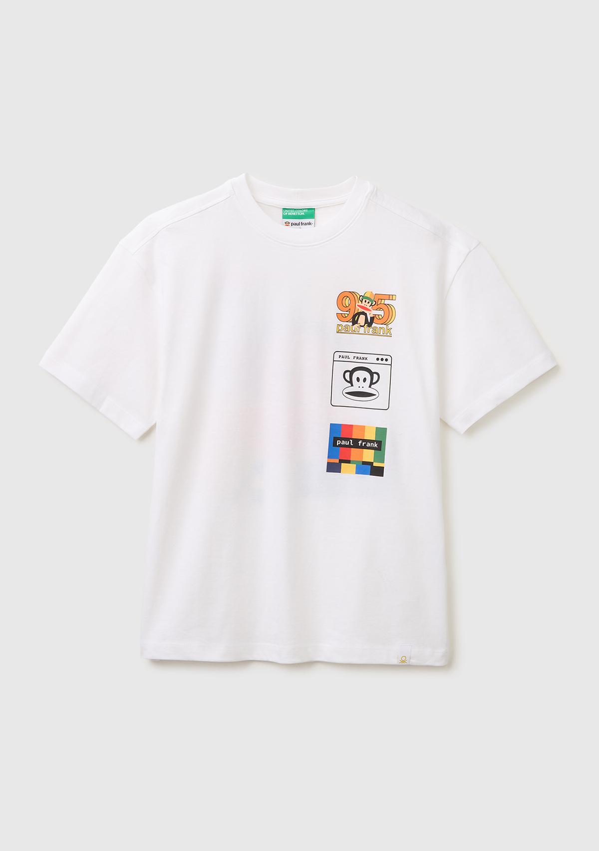 Erkek Çocuk Beyaz Önü ve Arkası Baskılı Etek Ucu Logolu Bisiklet Yaka T-Shirt