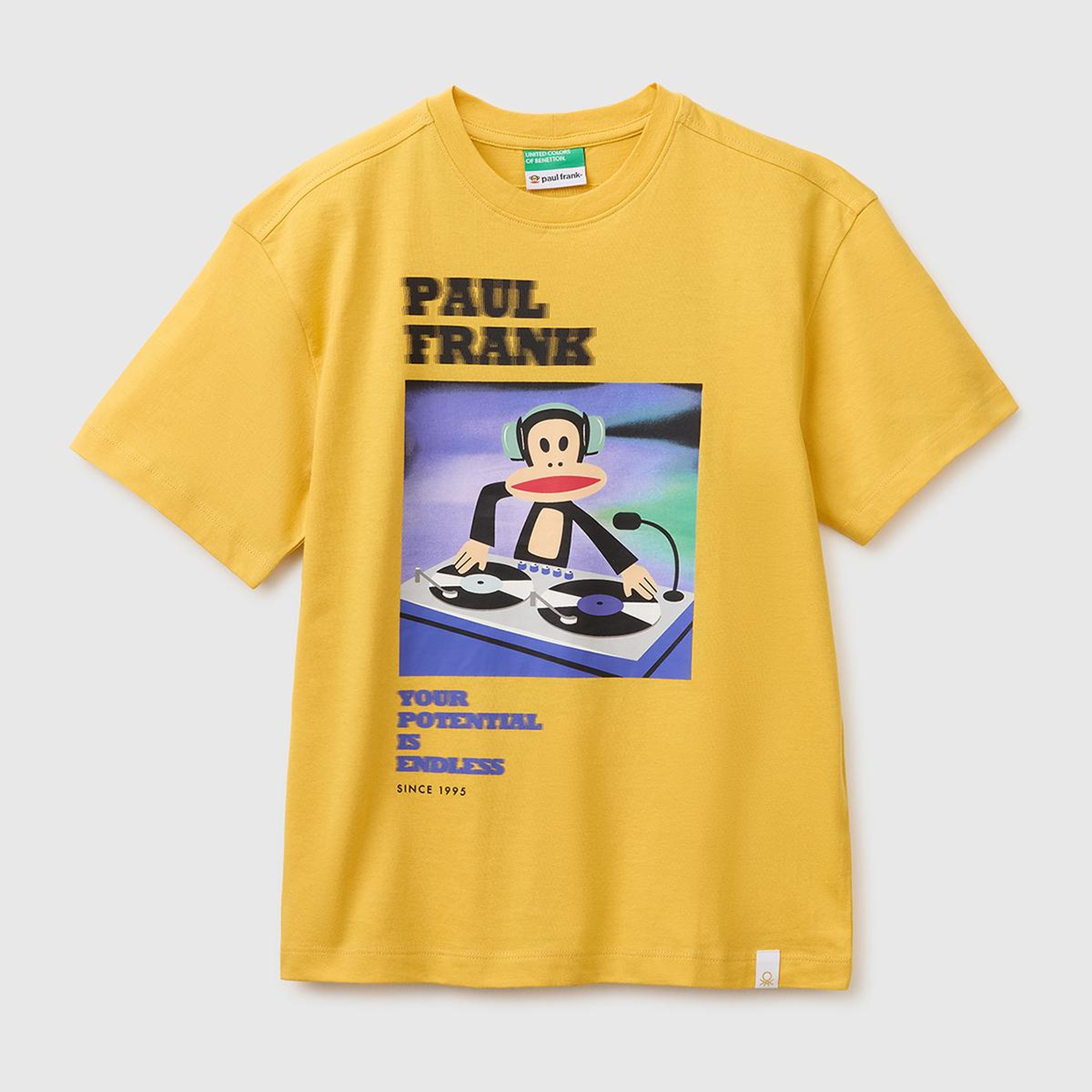 Erkek Çocuk Hardal Sarısı Önü ve Arkası Baskılı Etek Ucu Logolu Bisiklet Yaka T-Shirt