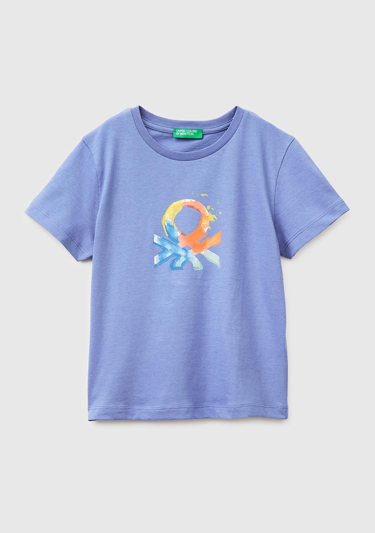 Erkek Çocuk Havacı Mavi Önü Logo Baskılı Yuvarlak Yaka T-Shirt