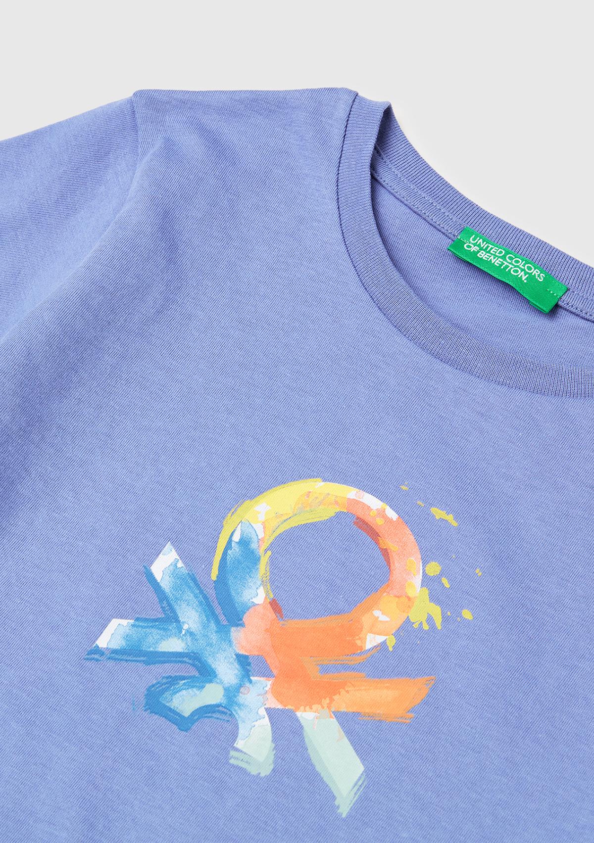 Erkek Çocuk Havacı Mavi Önü Logo Baskılı Yuvarlak Yaka T-Shirt