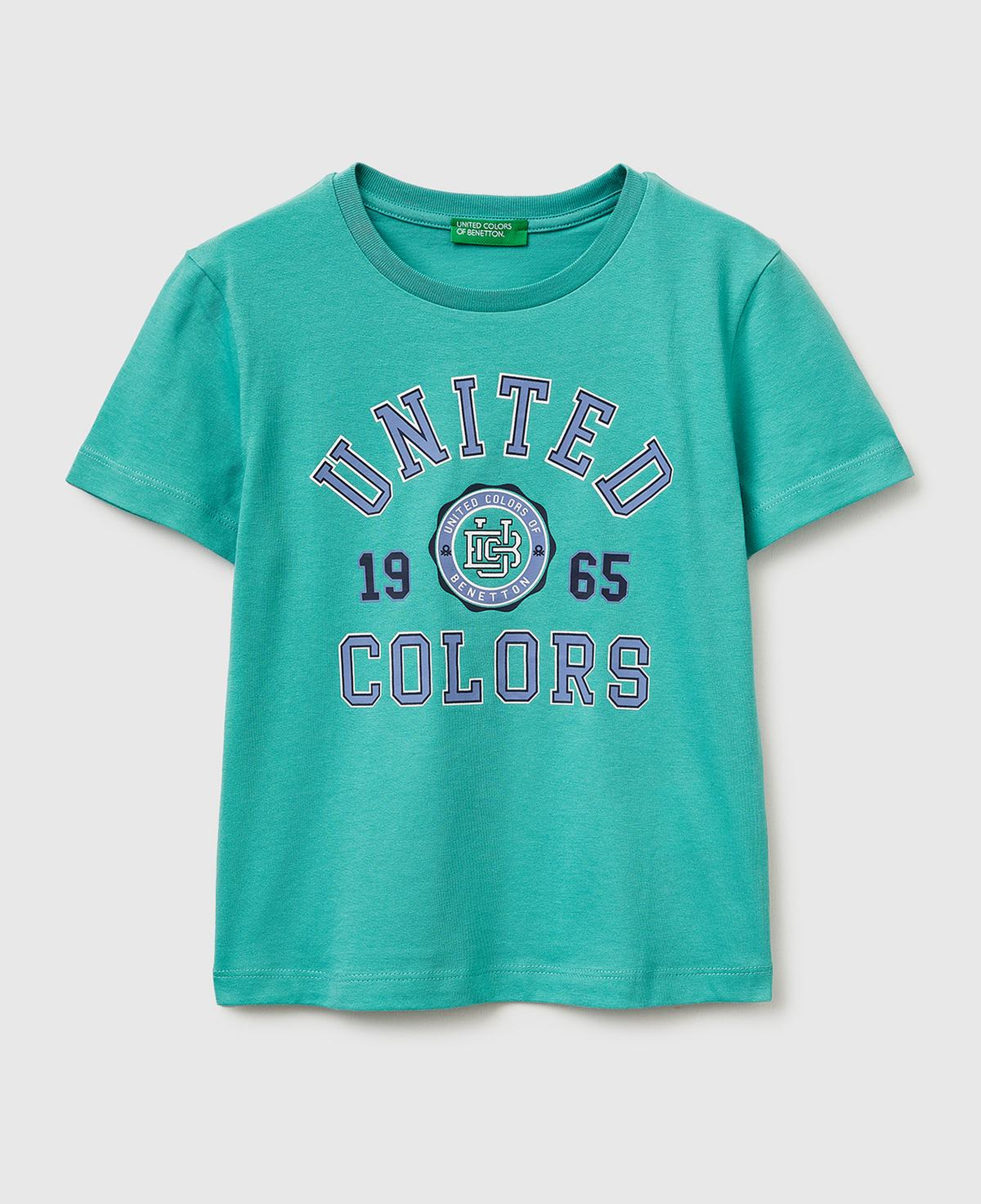 Erkek Çocuk Mavi-yeşil Önü Logo Baskılı Yuvarlak Yaka T-Shirt