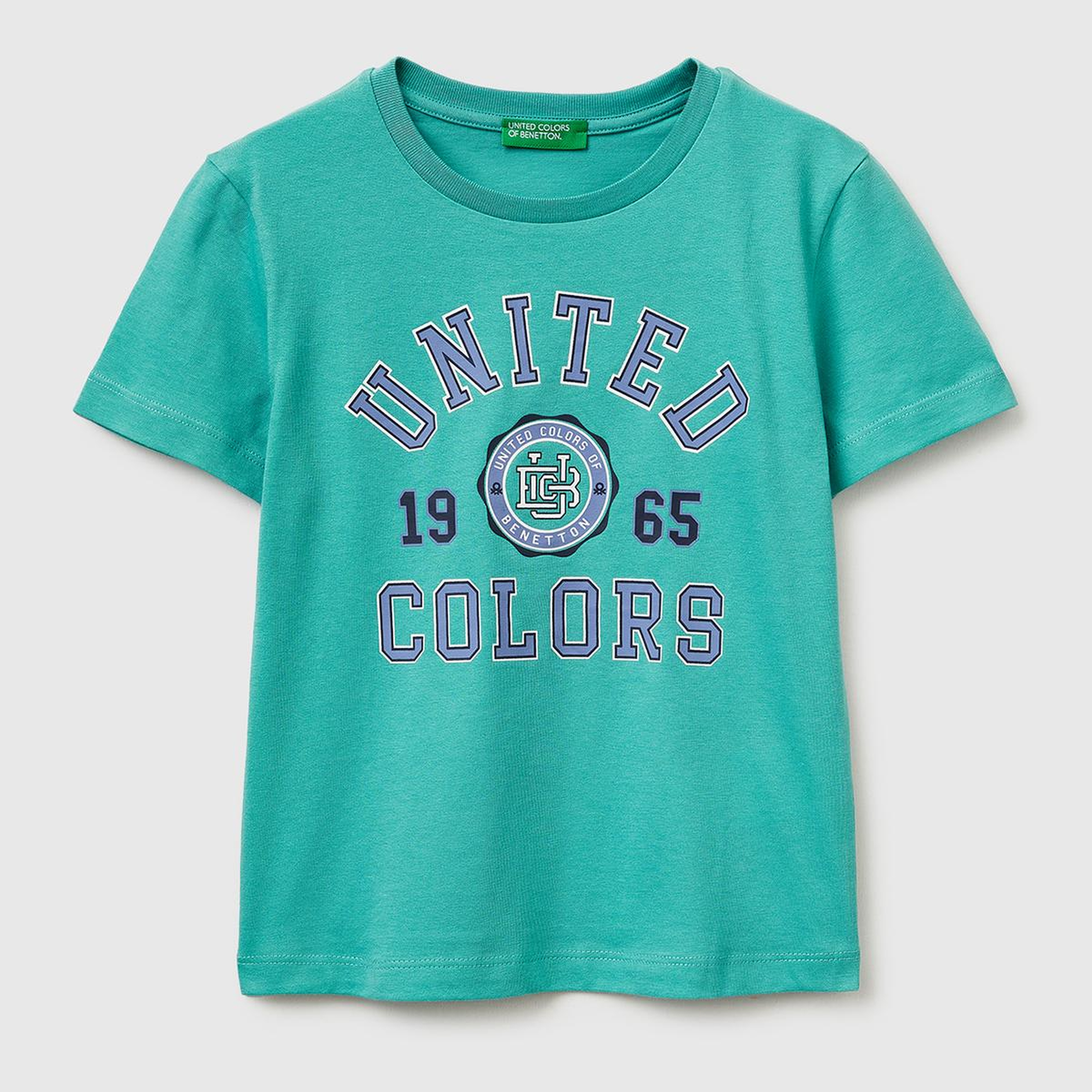 Erkek Çocuk Mavi-yeşil Önü Logo Baskılı Yuvarlak Yaka T-Shirt