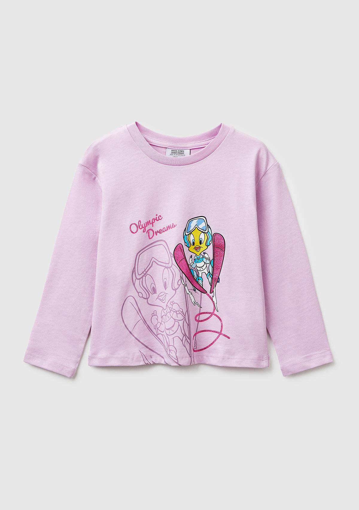 Kız Çocuk Pembe Looney Tunes Baskılı Yuvarlak Yaka Uzun Kollu T-Shirt