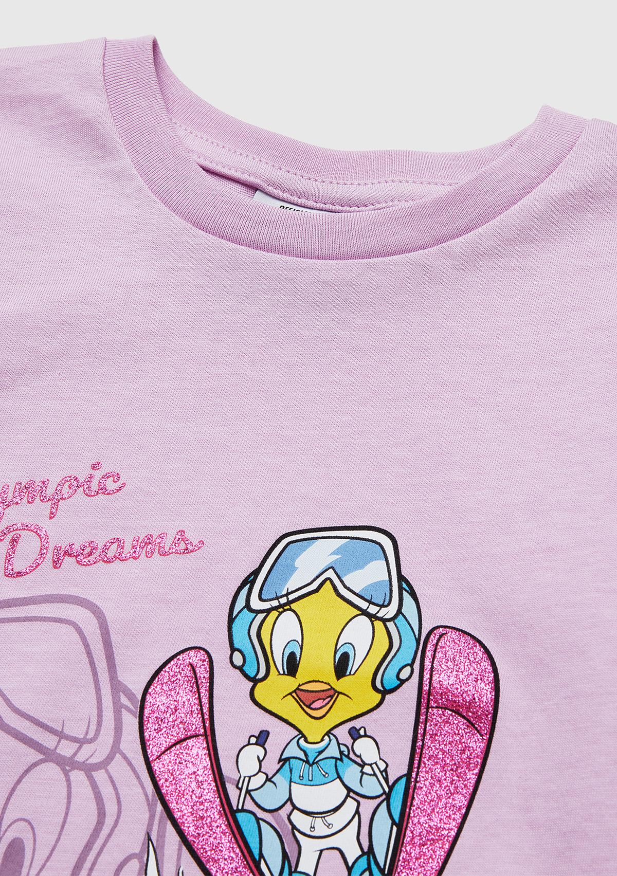 Kız Çocuk Pembe Looney Tunes Baskılı Yuvarlak Yaka Uzun Kollu T-Shirt