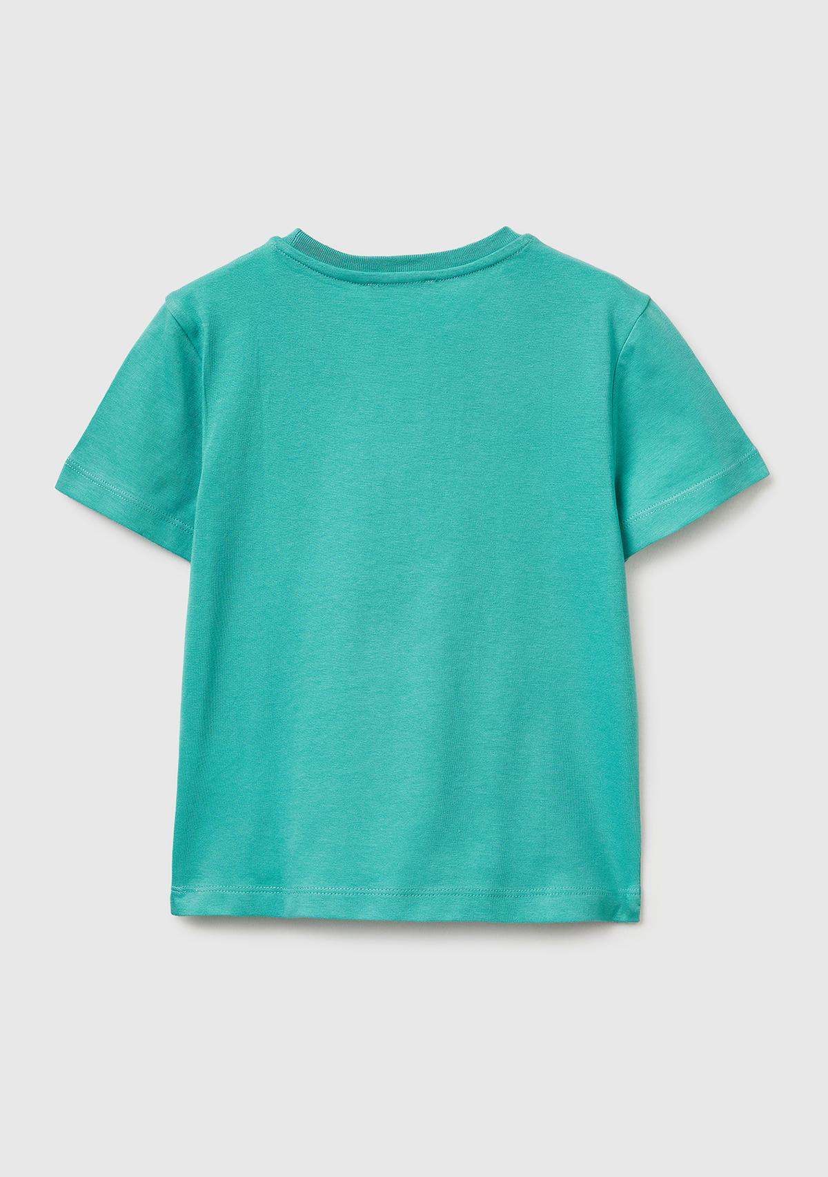 Erkek Çocuk Mavi-yeşil Önü Logo Baskılı Yuvarlak Yaka T-Shirt