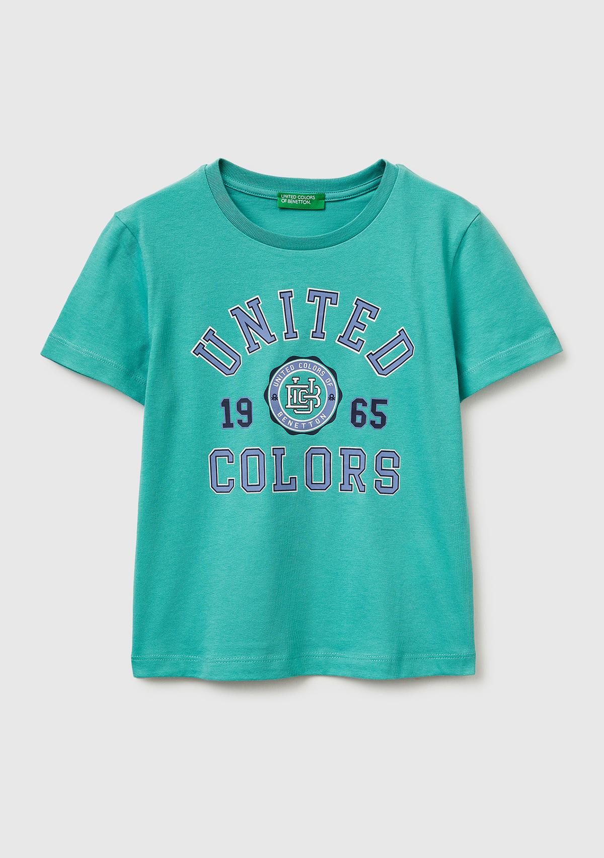 Erkek Çocuk Mavi-yeşil Önü Logo Baskılı Yuvarlak Yaka T-Shirt