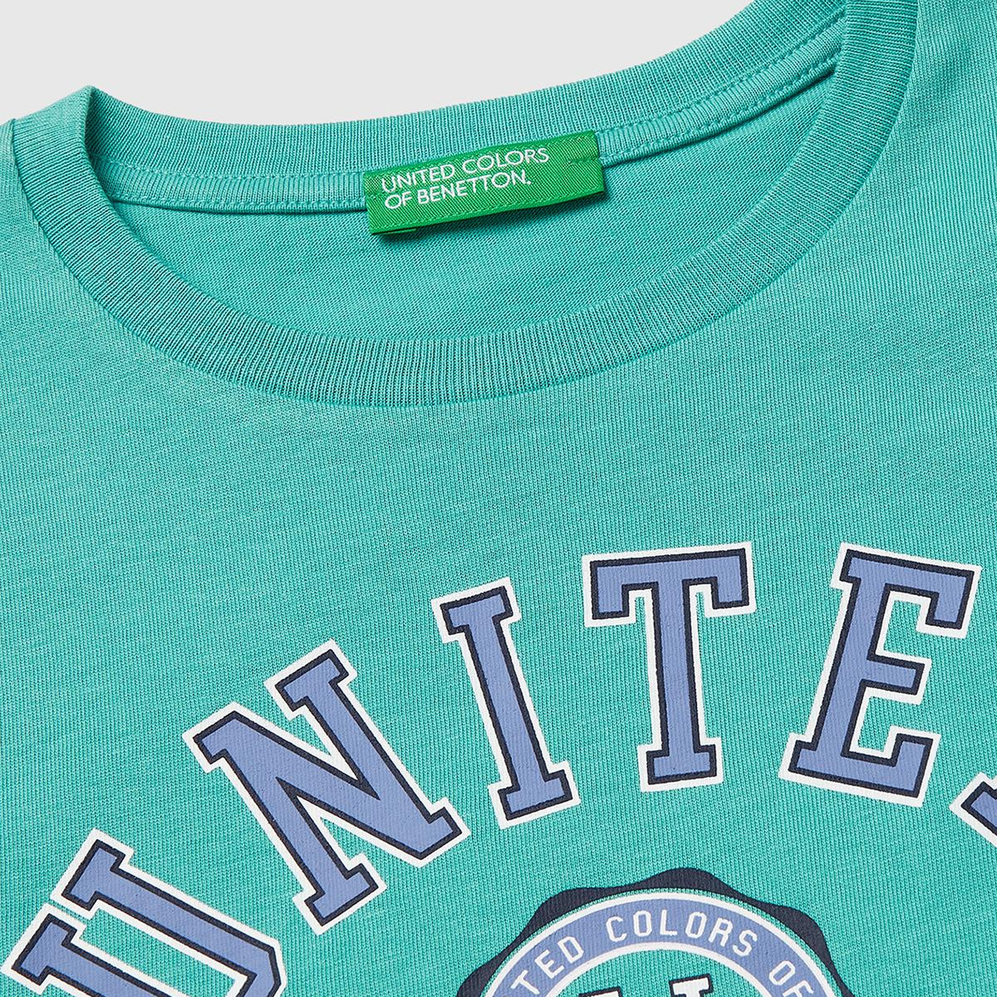 Erkek Çocuk Mavi-yeşil Önü Logo Baskılı Yuvarlak Yaka T-Shirt