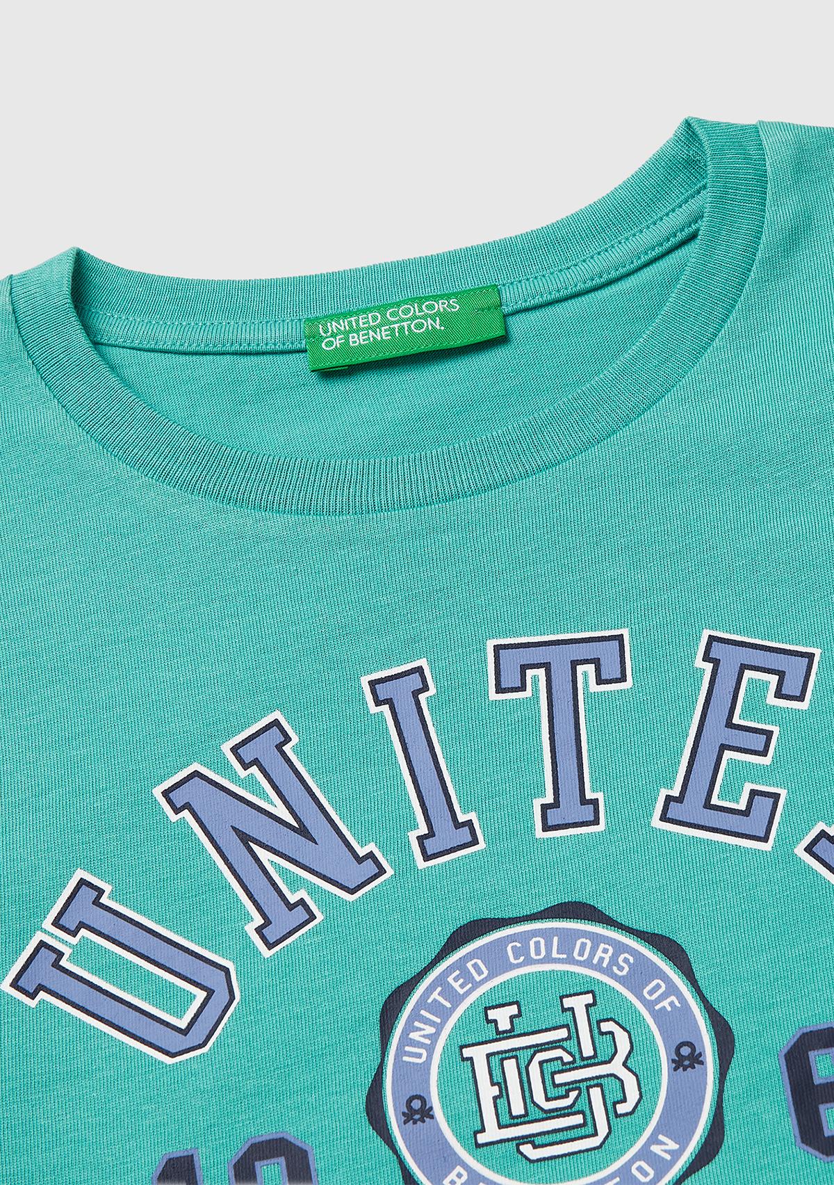Erkek Çocuk Mavi-yeşil Önü Logo Baskılı Yuvarlak Yaka T-Shirt