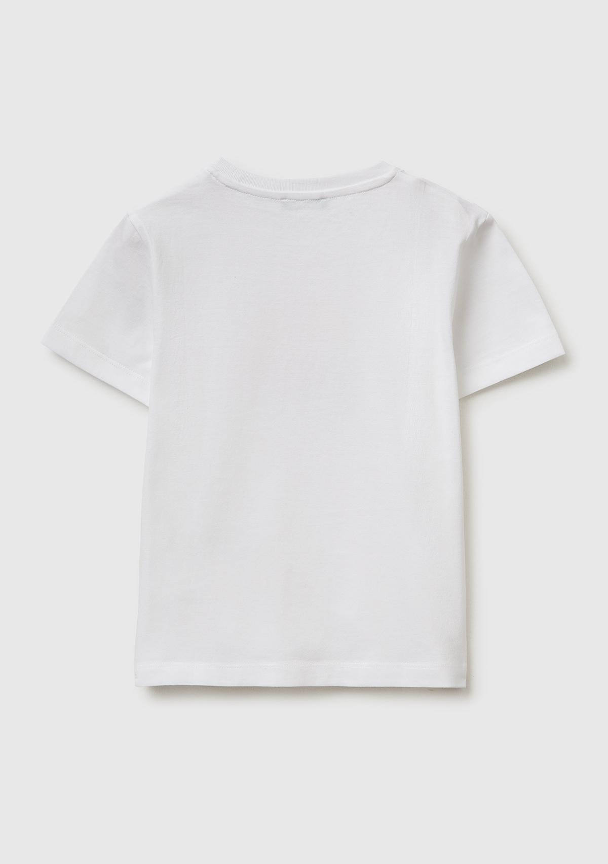 Erkek Çocuk Beyaz Önü Logo Baskılı Yuvarlak Yaka T-Shirt