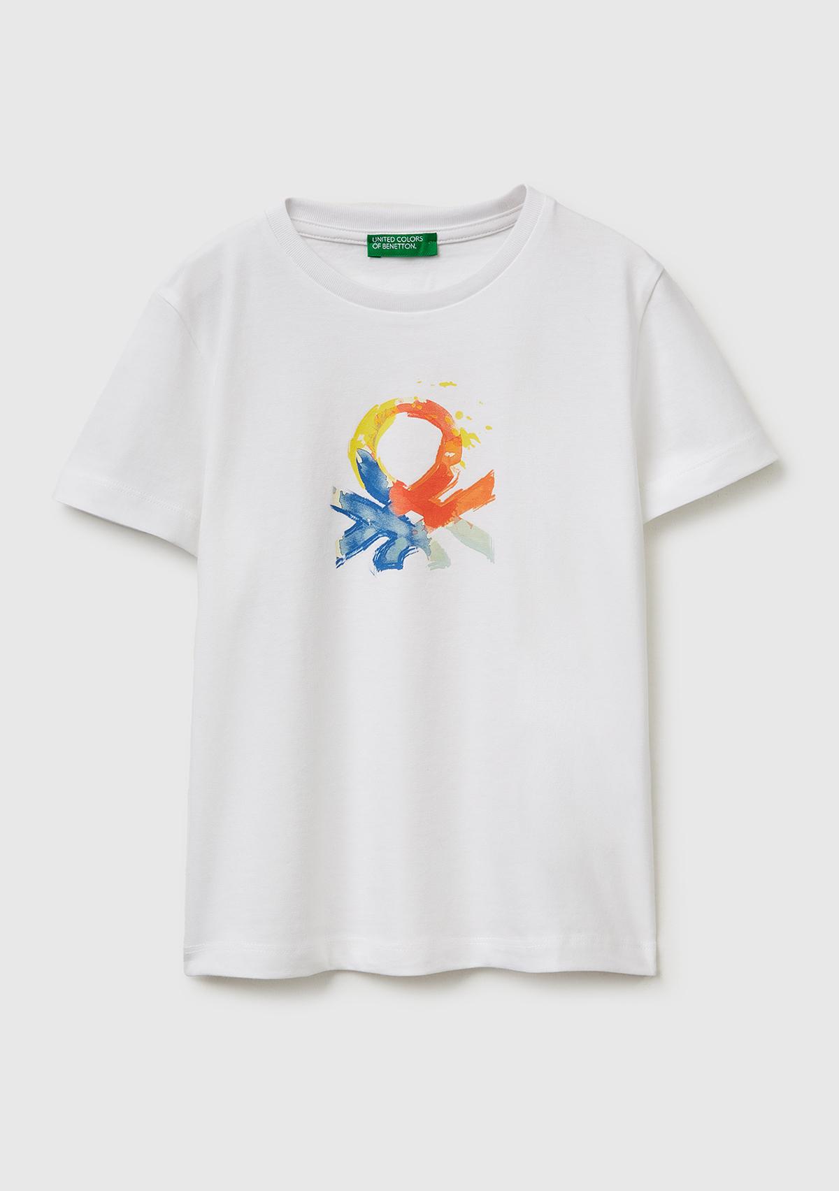 Erkek Çocuk Beyaz Önü Logo Baskılı Yuvarlak Yaka T-Shirt