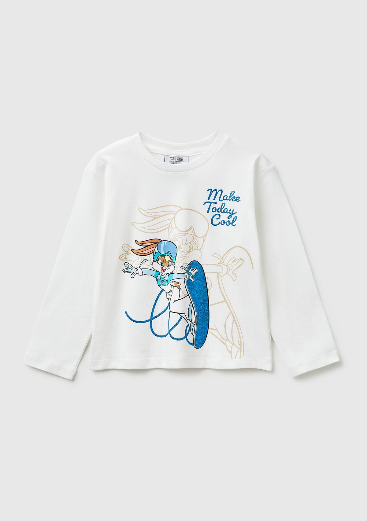 Kız Çocuk Beyaz Looney Tunes Baskılı Yuvarlak Yaka Uzun Kollu T-Shirt