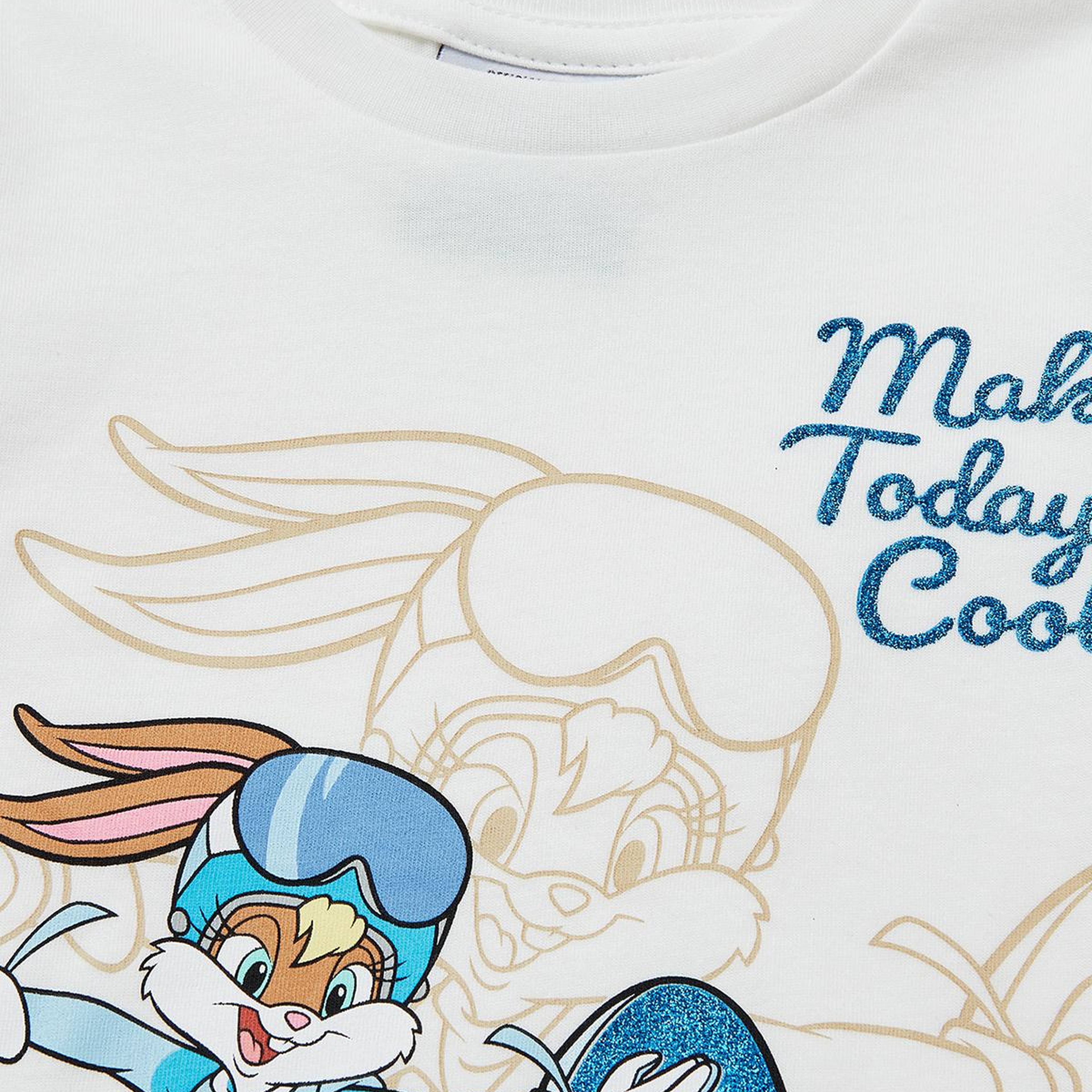 Kız Çocuk Beyaz Looney Tunes Baskılı Yuvarlak Yaka Uzun Kollu T-Shirt